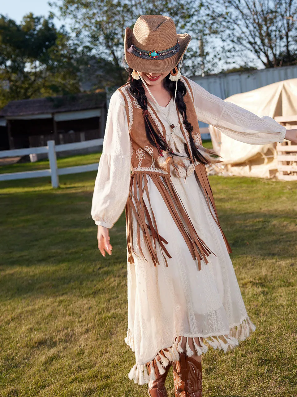 Bohemian White Tassel Cotton Maxi Dress with Suede Embroidered Vest Boho Suit