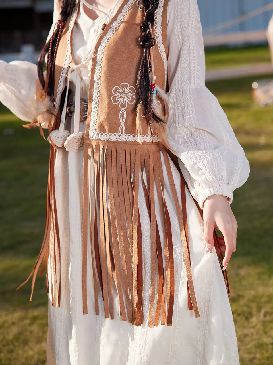 Bohemian White Tassel Cotton Maxi Dress with Suede Embroidered Vest Boho Suit