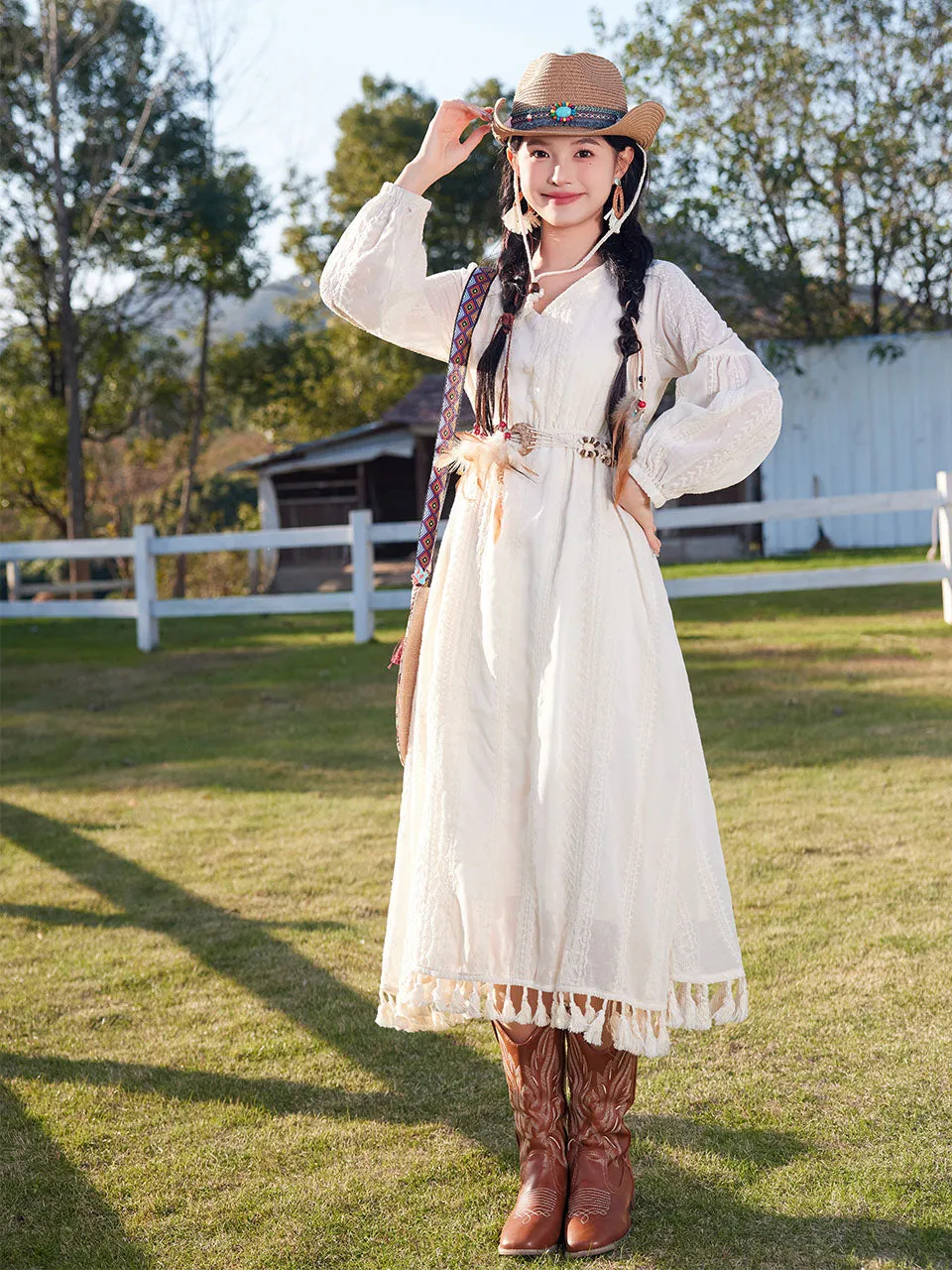 Bohemian White Tassel Cotton Maxi Dress with Suede Embroidered Vest Boho Suit