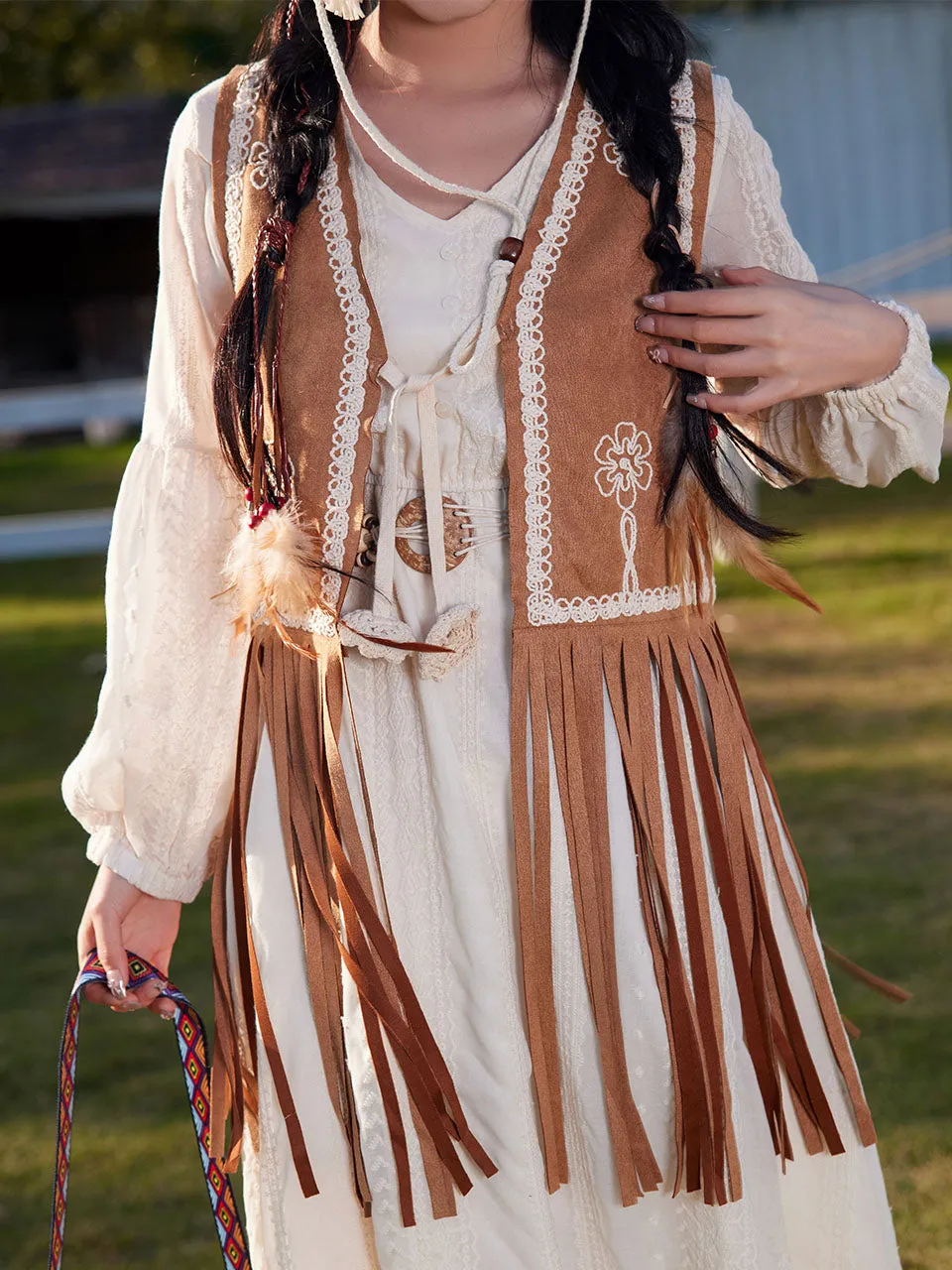 Bohemian White Tassel Cotton Maxi Dress with Suede Embroidered Vest Boho Suit