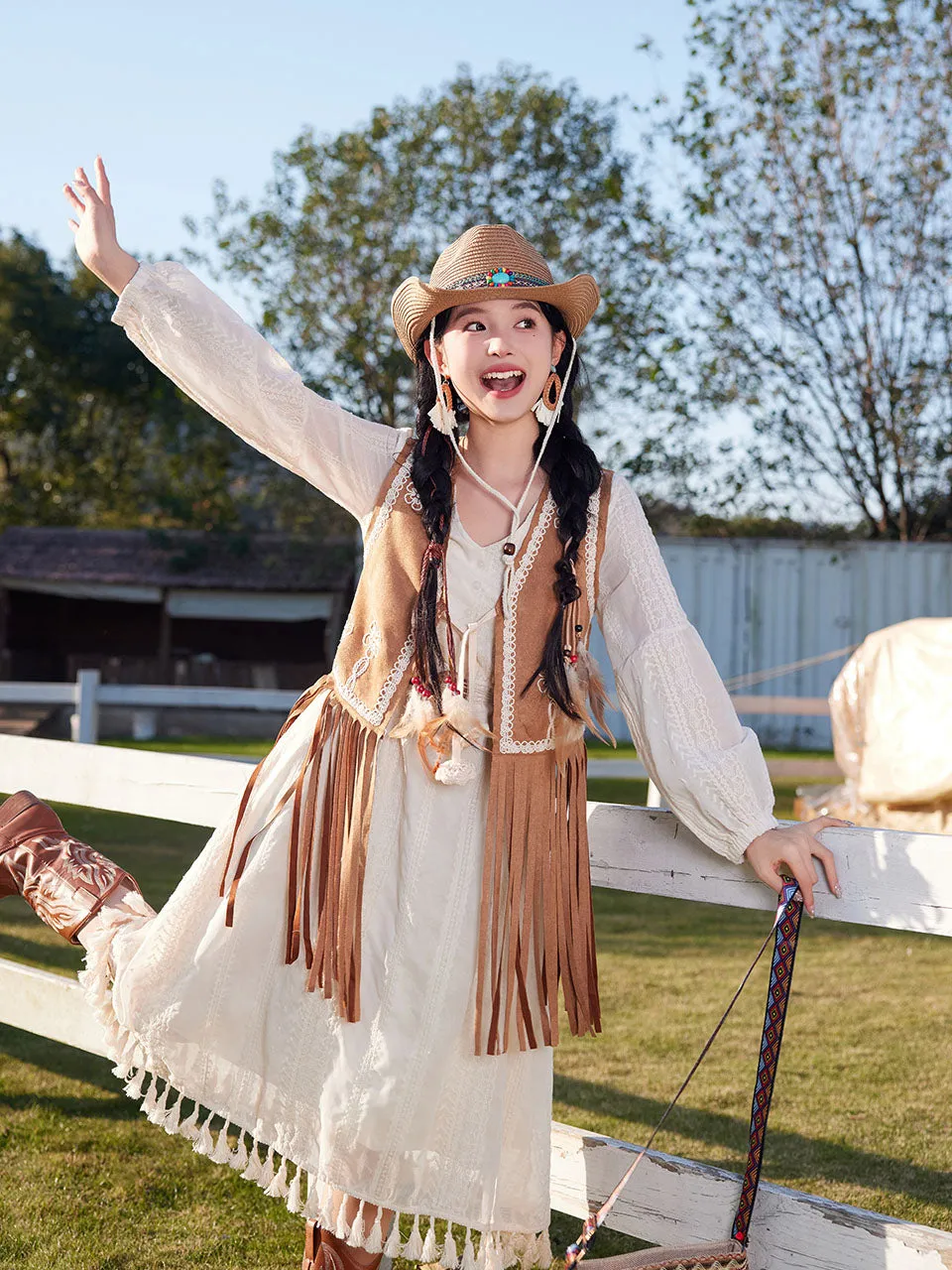 Bohemian White Tassel Cotton Maxi Dress with Suede Embroidered Vest Boho Suit