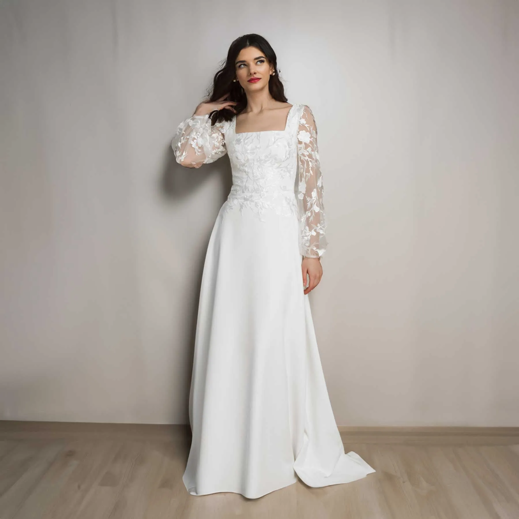 Boho Lace Long Sleeves Wedding Dress with Square Neckline ET3076