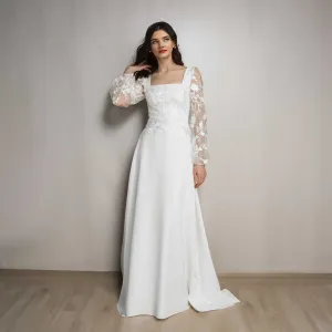 Boho Lace Long Sleeves Wedding Dress with Square Neckline ET3076