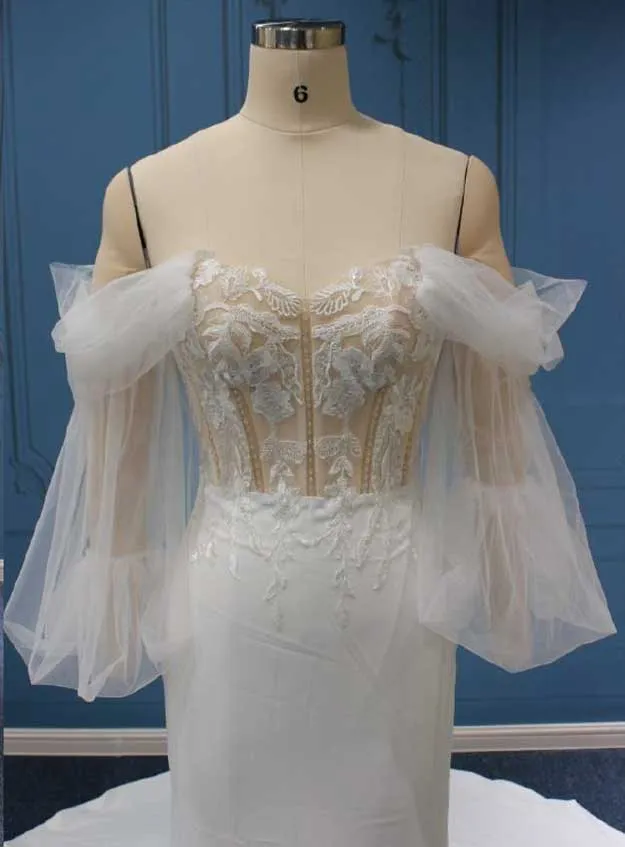 Boho Lace Wedding Dress with Strapless Neckline and Crepe Skirt LE2001