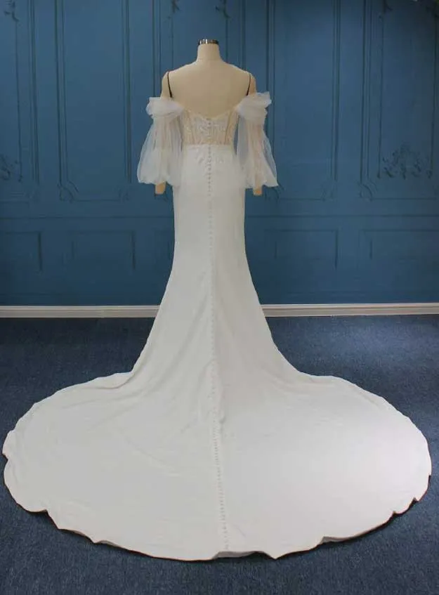 Boho Lace Wedding Dress with Strapless Neckline and Crepe Skirt LE2001