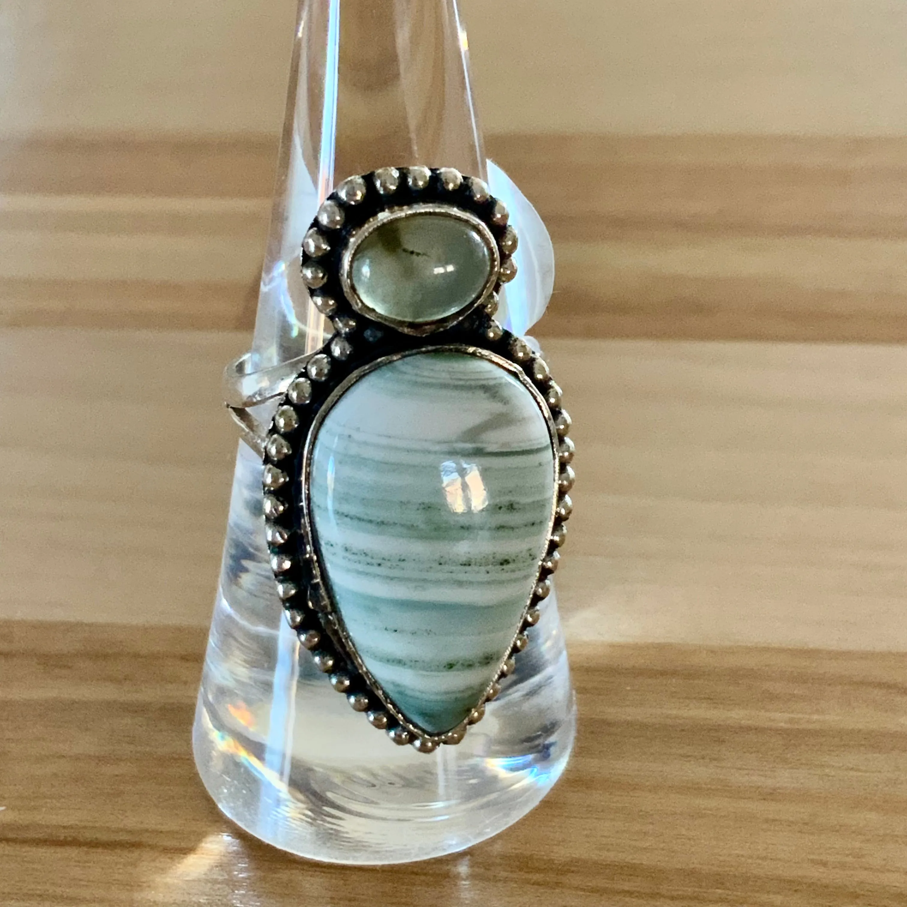 Botswana Agate & Prehnite Solid 925 Sterling Silver Ring 6