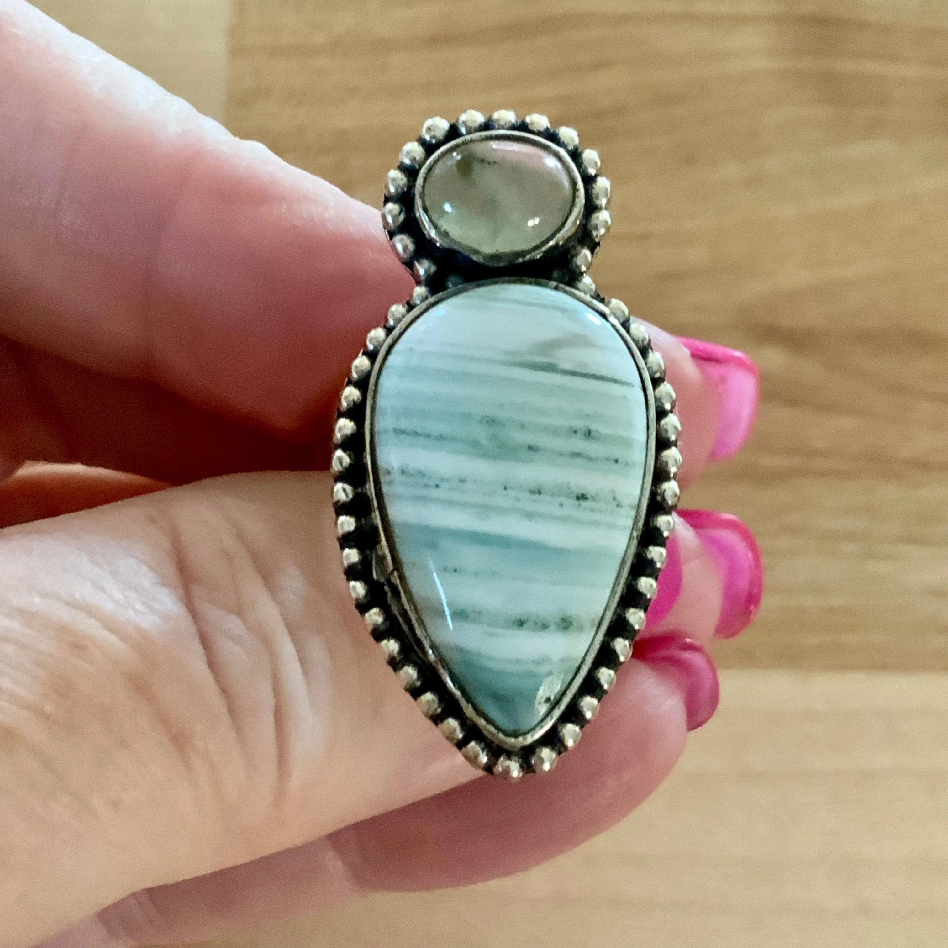 Botswana Agate & Prehnite Solid 925 Sterling Silver Ring 6