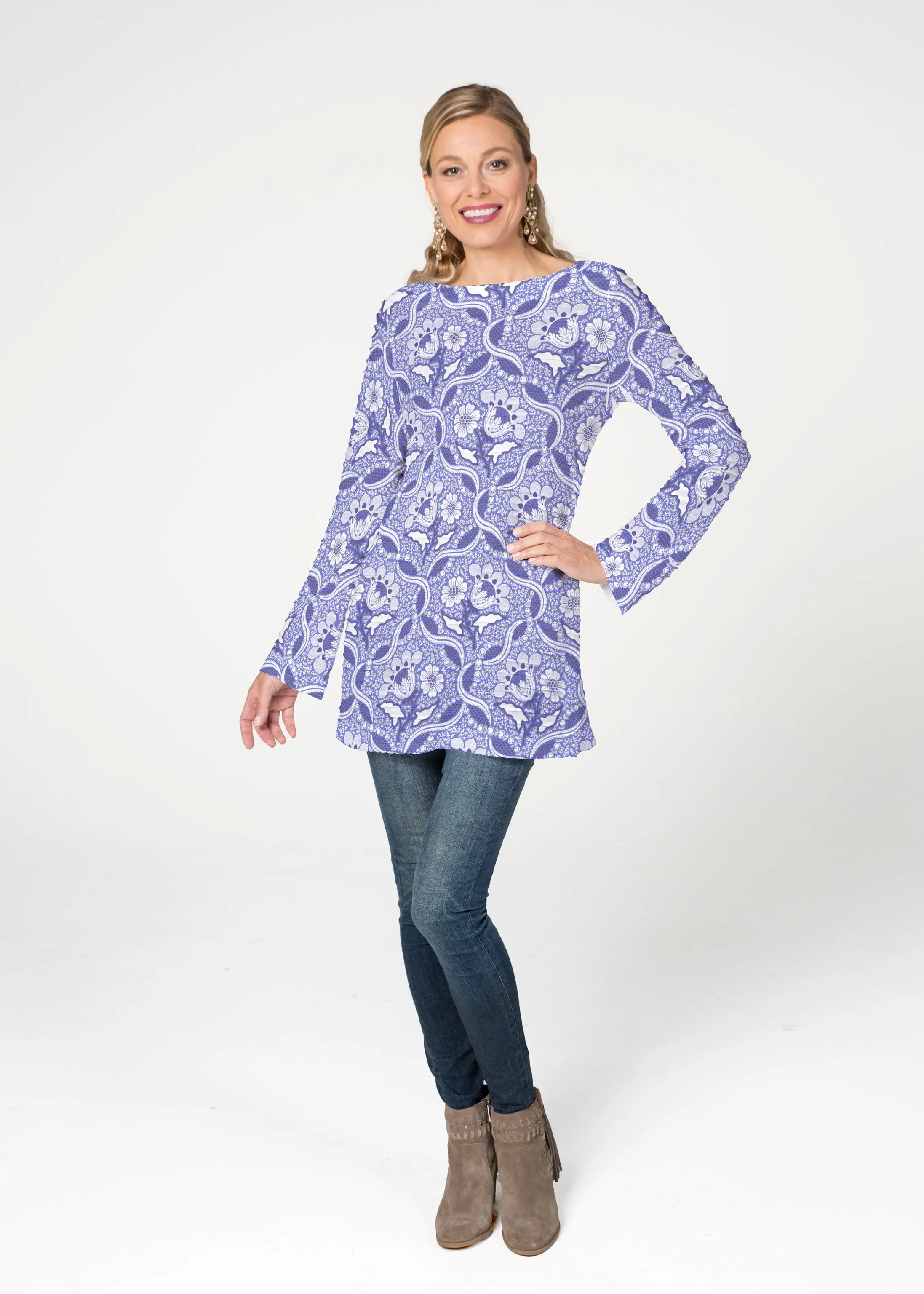 Braided Flower Navy (7917) ~ Banded Boatneck Tunic