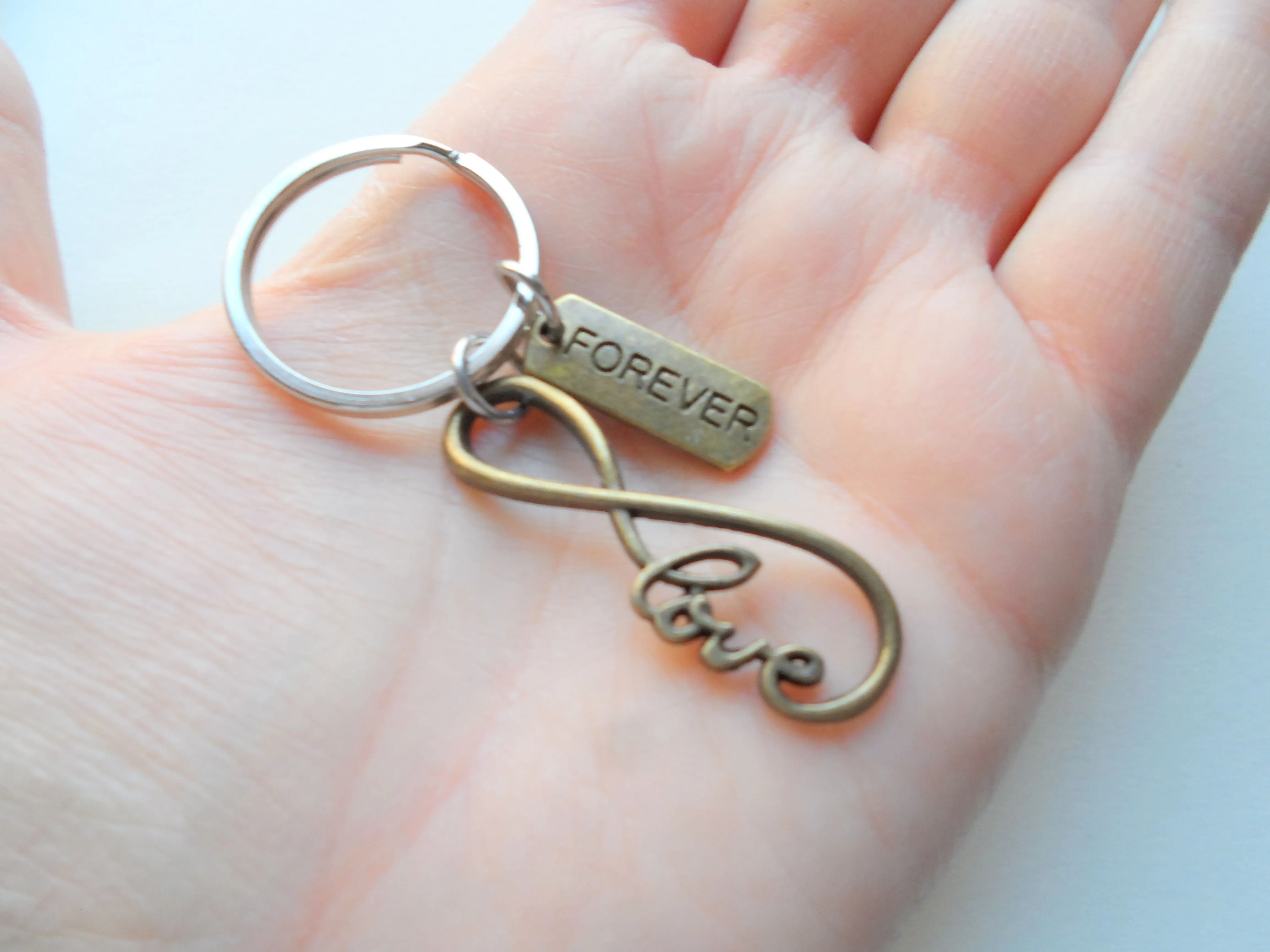 Bronze Infinity Love Charm Keychain with Forever Tag, Couples Keychain