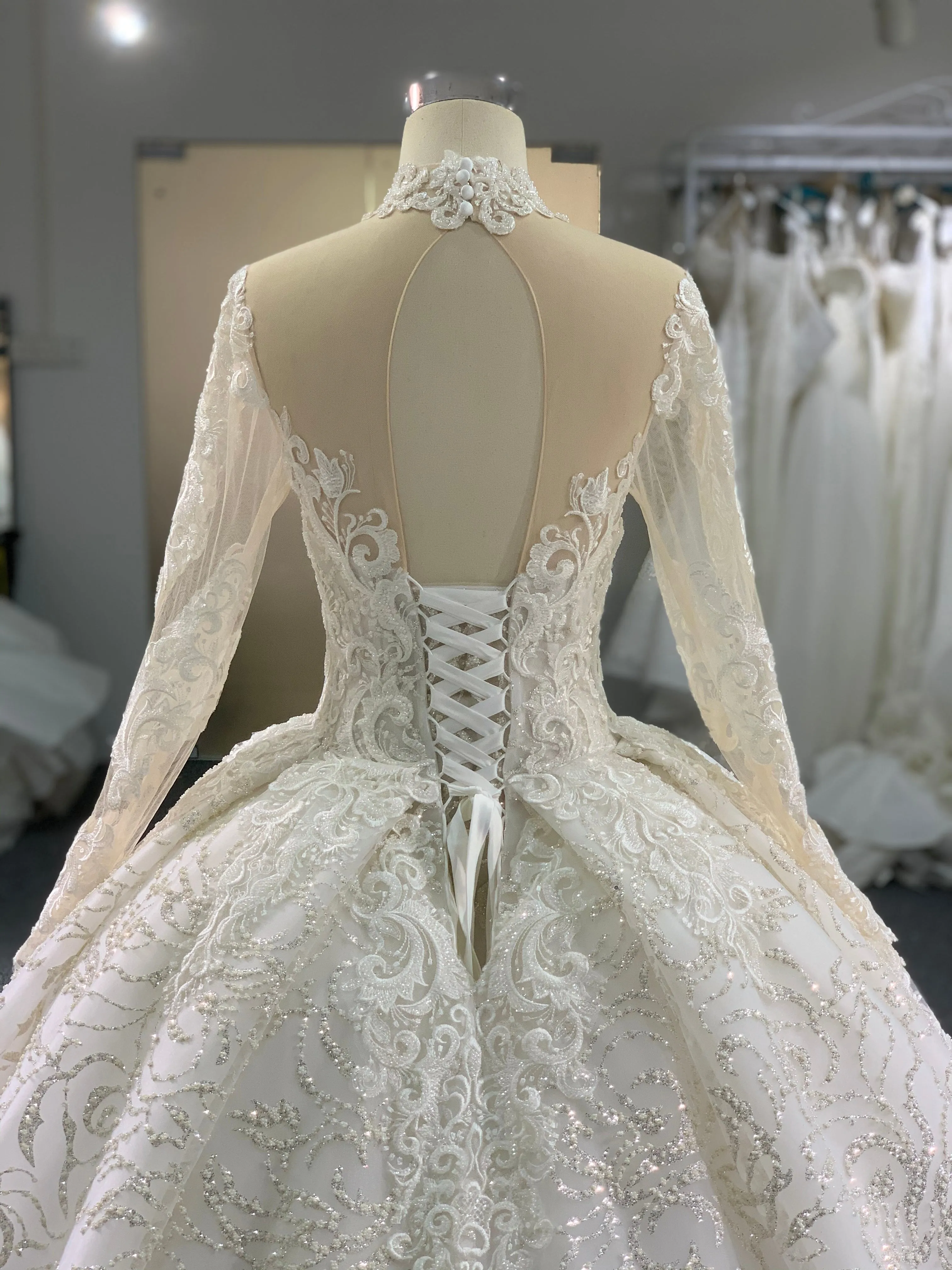BYG high neck long sleeves lace wedding dress
