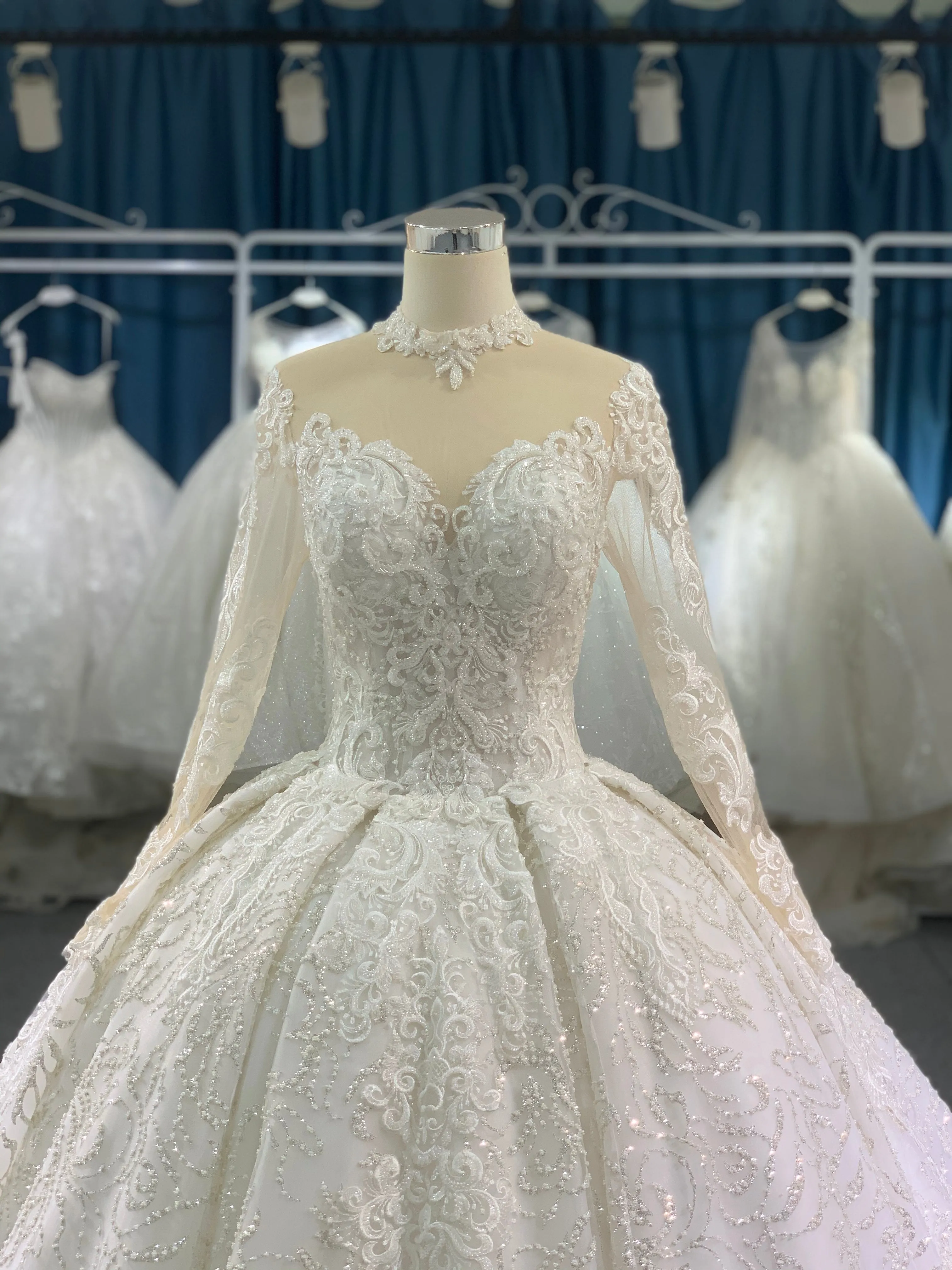 BYG high neck long sleeves lace wedding dress