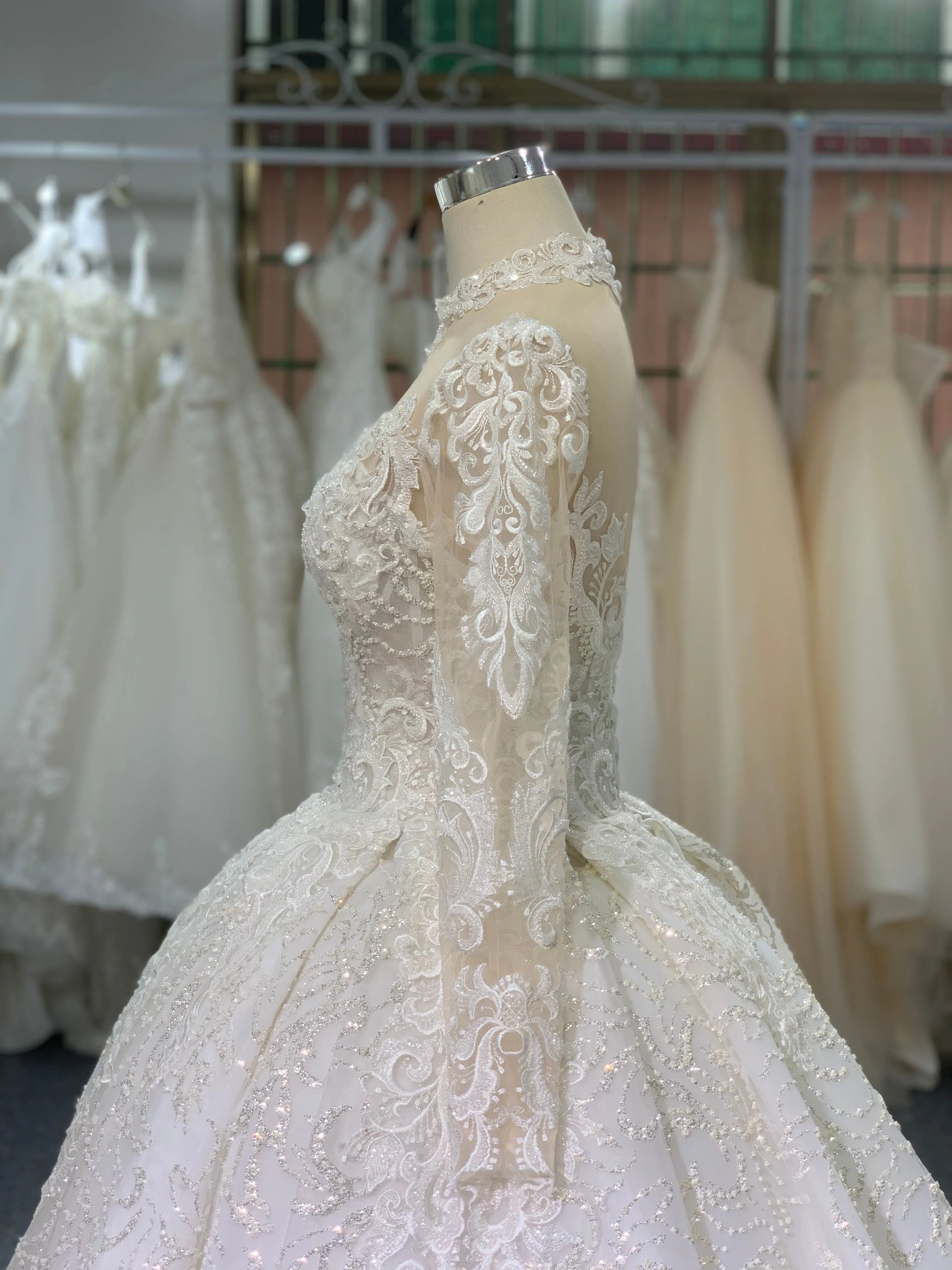 BYG high neck long sleeves lace wedding dress