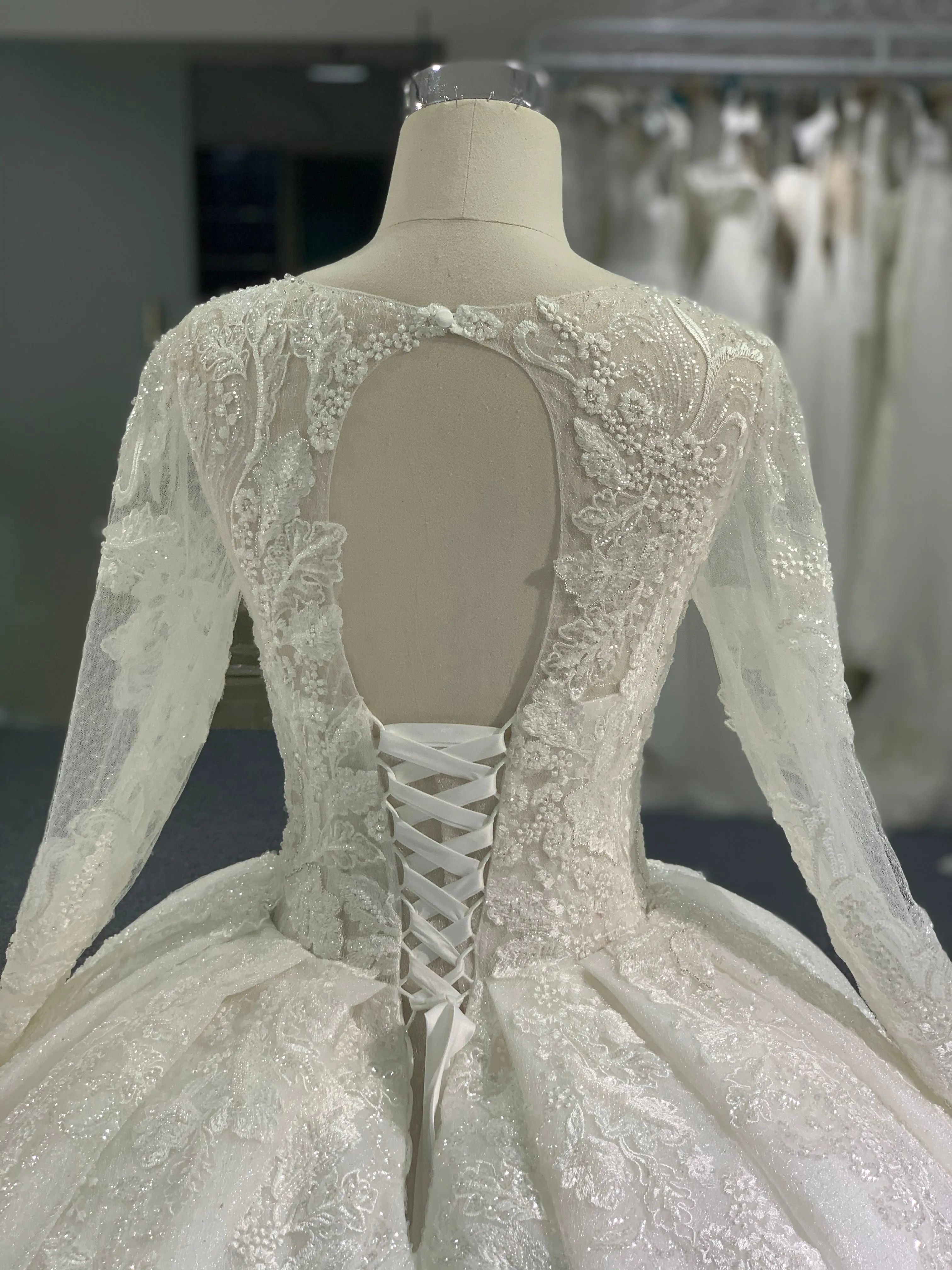 BYG long sleeves glitter lace flower wedding dress