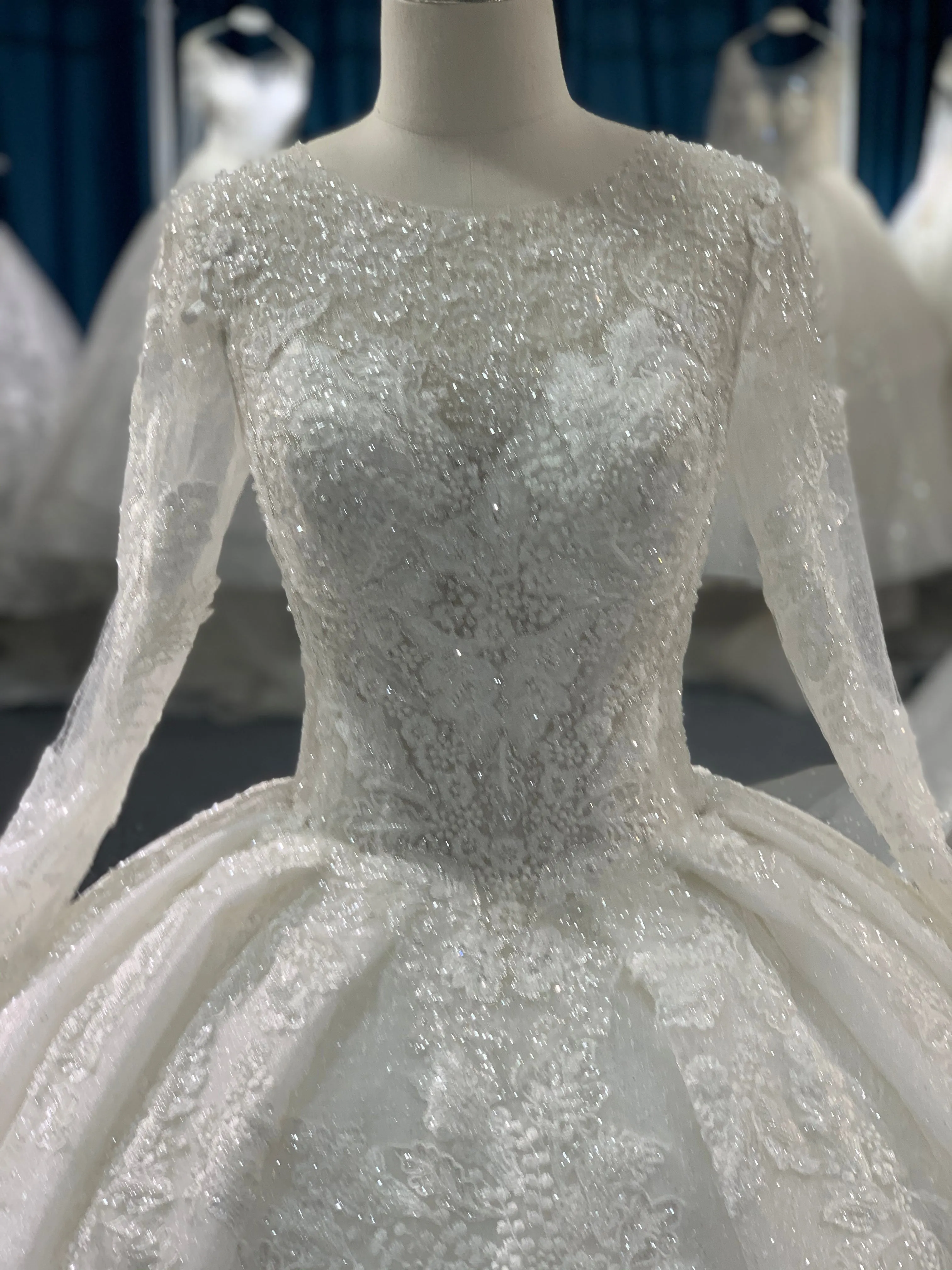 BYG long sleeves glitter lace flower wedding dress