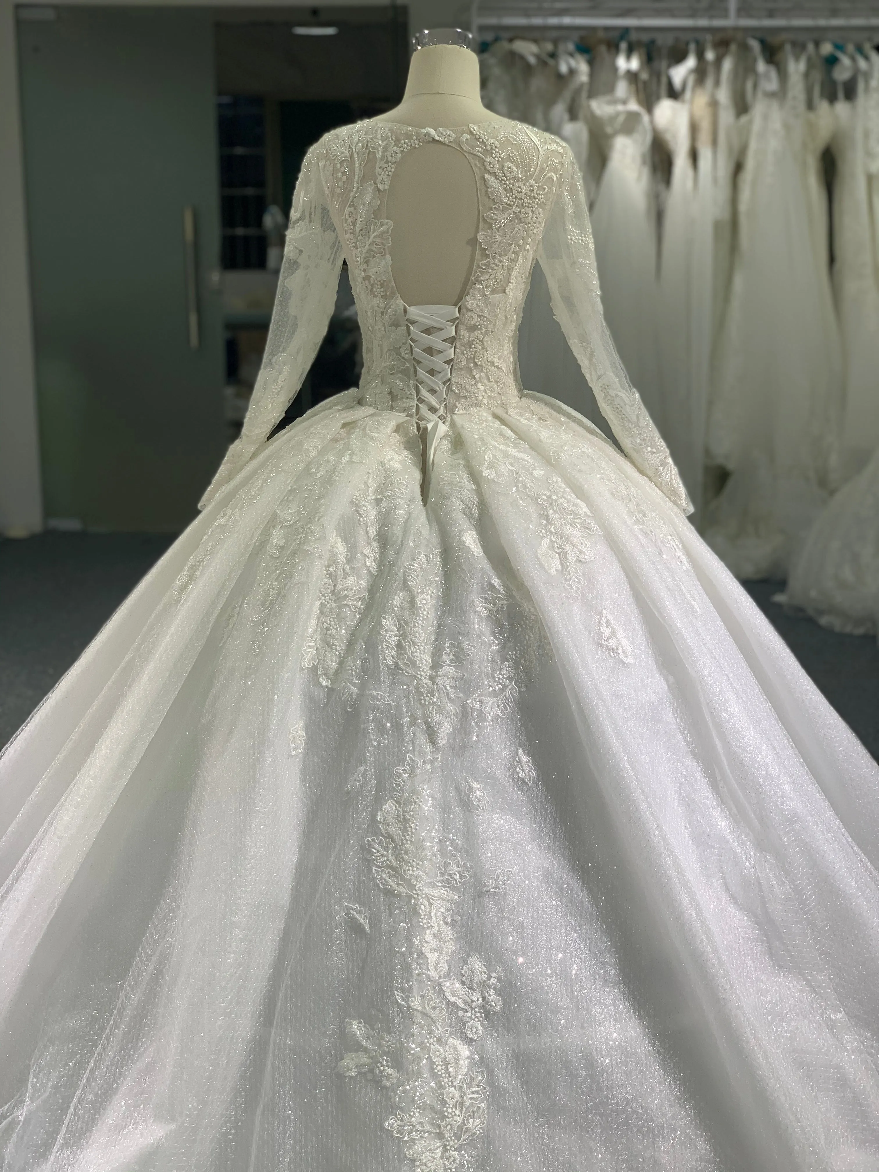 BYG long sleeves glitter lace flower wedding dress