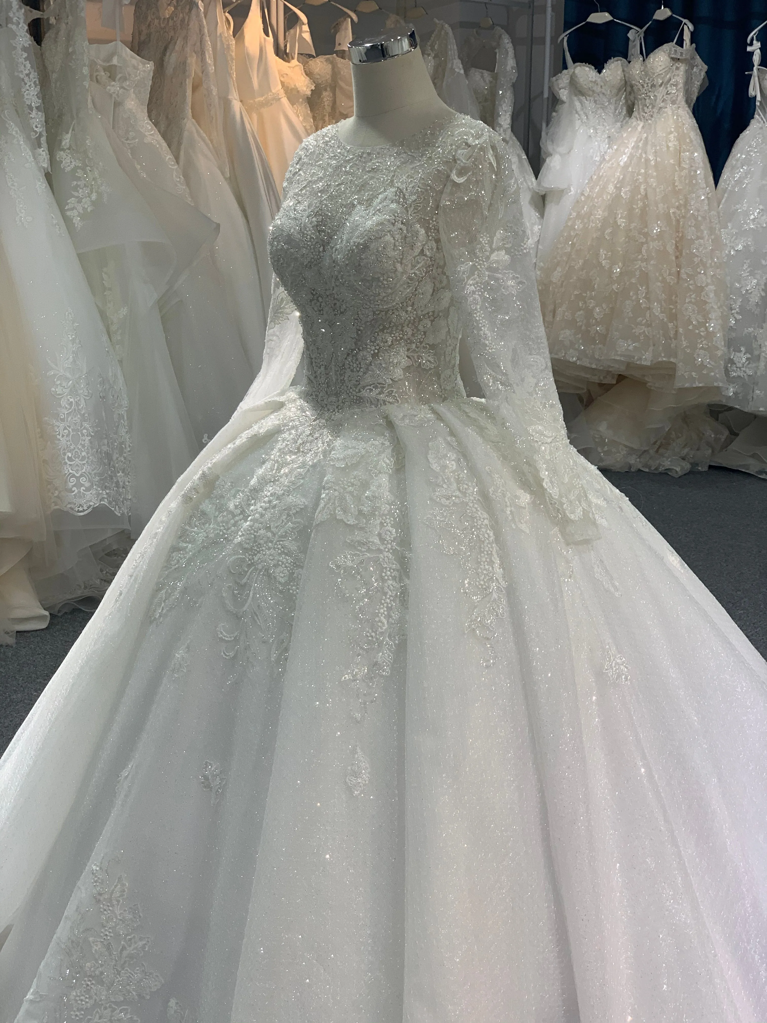 BYG long sleeves glitter lace flower wedding dress