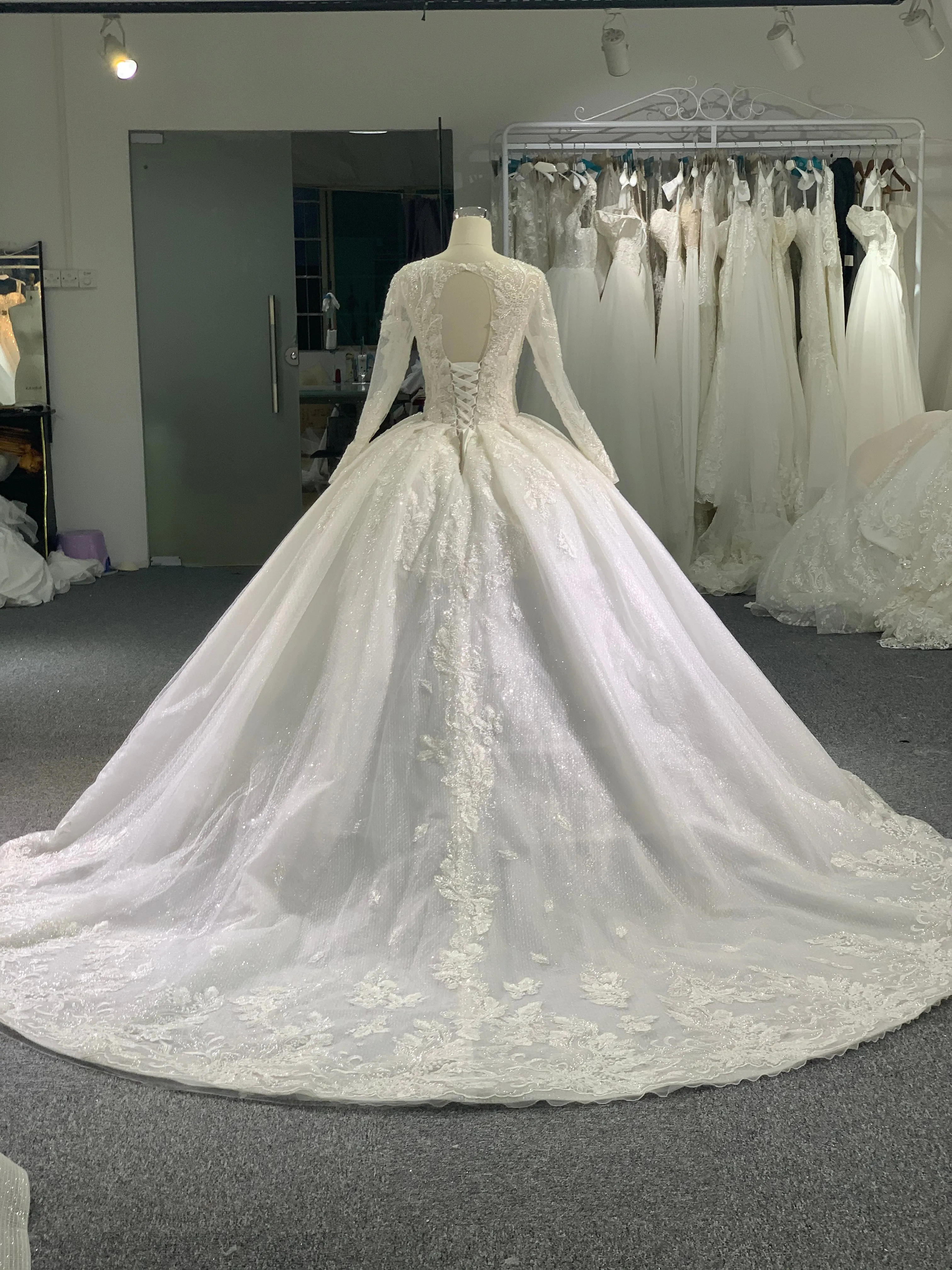 BYG long sleeves glitter lace flower wedding dress
