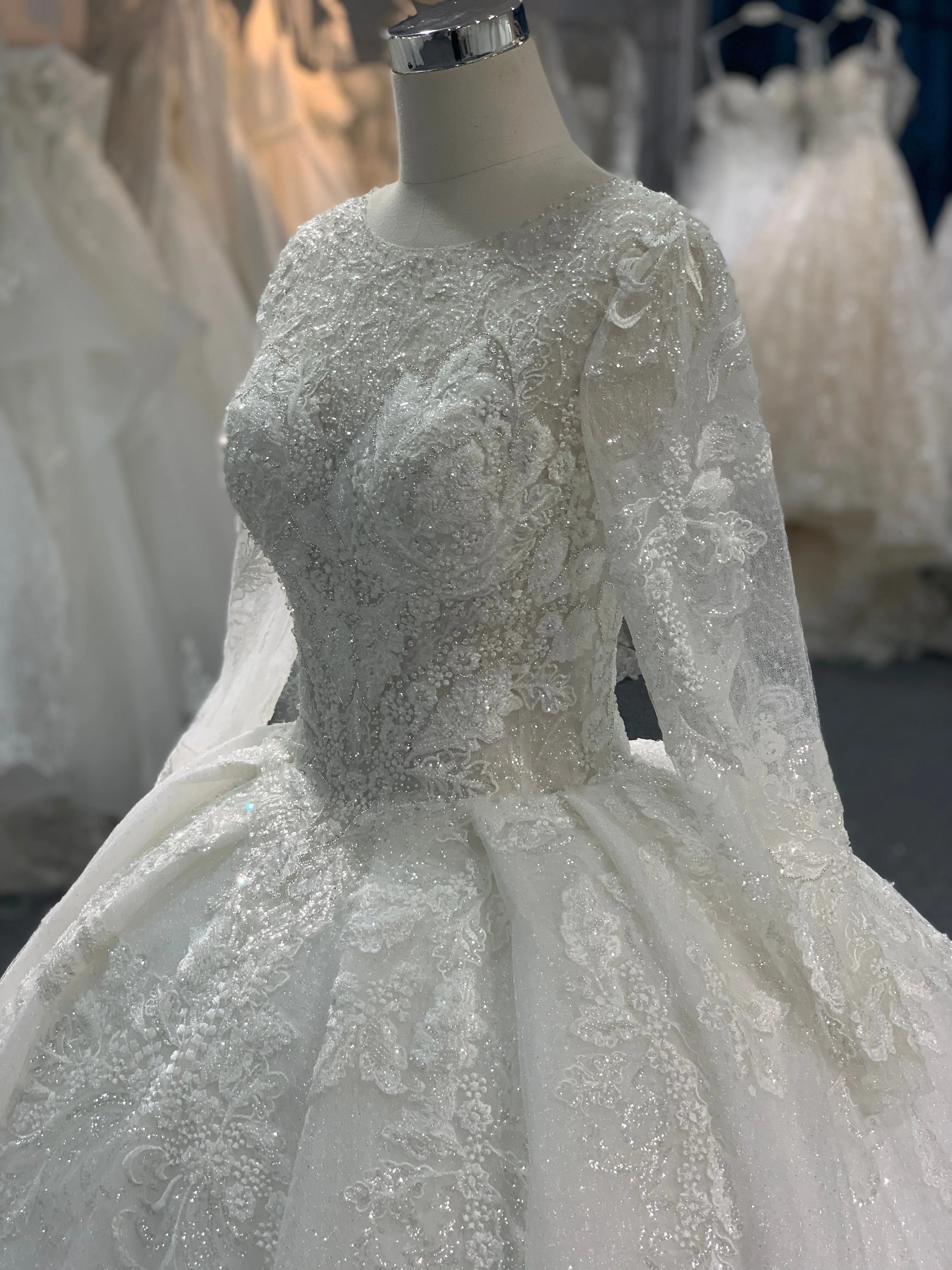 BYG long sleeves glitter lace flower wedding dress