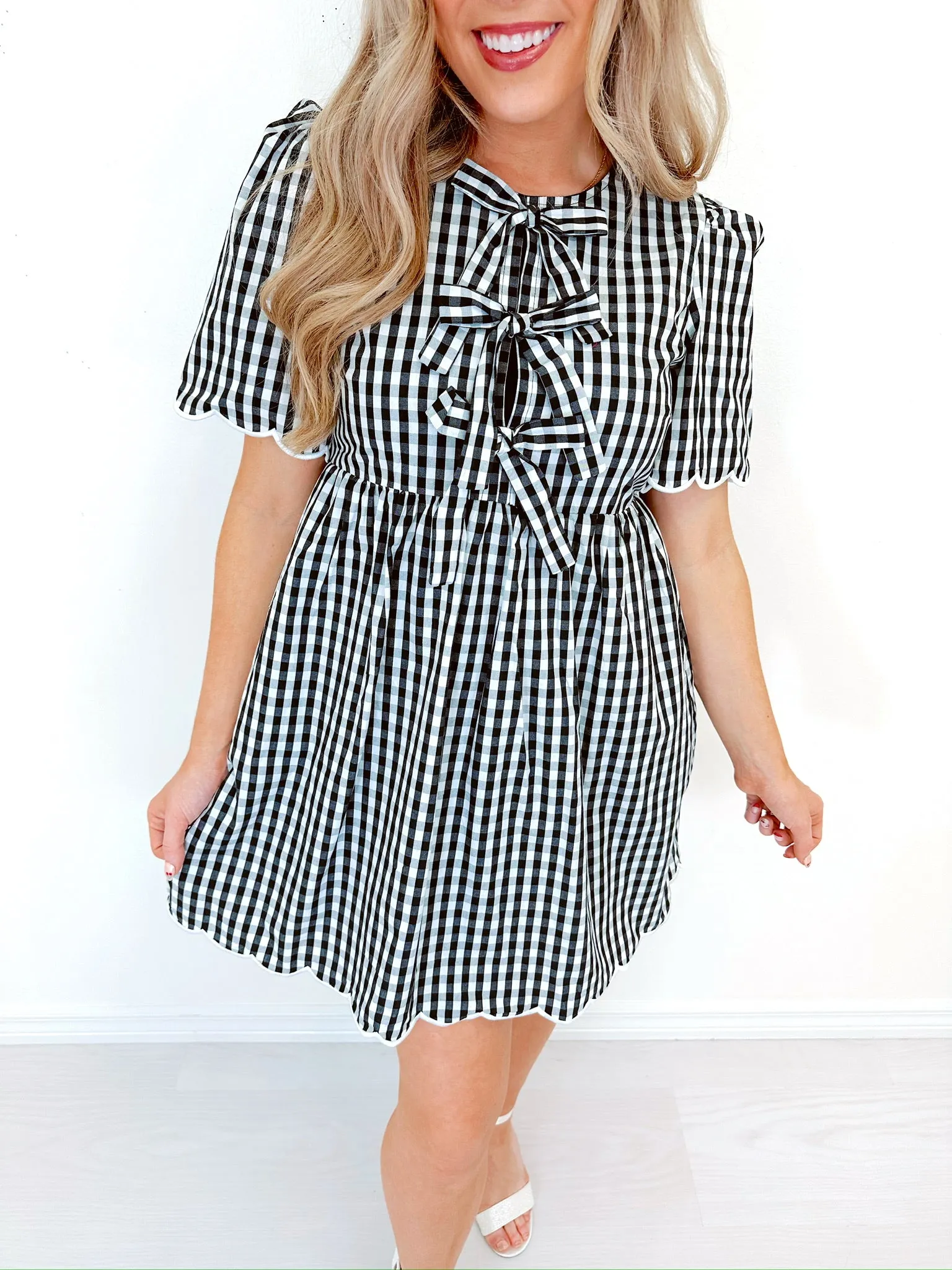 Carly Cotton Gingham Print Babydoll Dress - Black