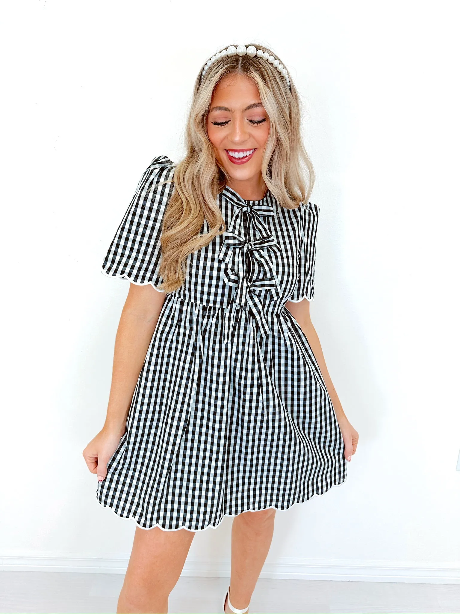 Carly Cotton Gingham Print Babydoll Dress - Black