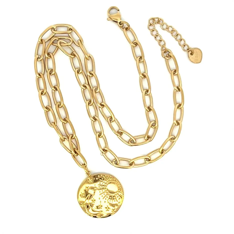 Celestial Sun Moon and Stars Pendant Necklace Paperclip Chain Gold