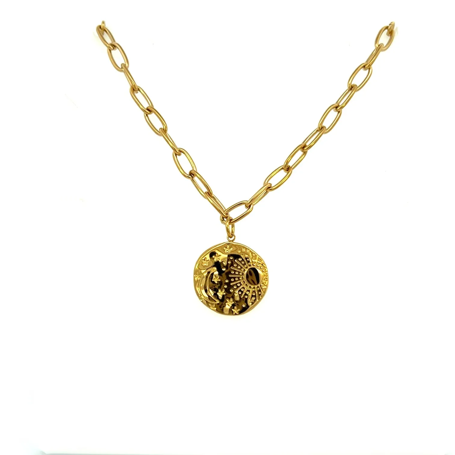 Celestial Sun Moon and Stars Pendant Necklace Paperclip Chain Gold