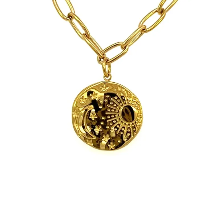 Celestial Sun Moon and Stars Pendant Necklace Paperclip Chain Gold