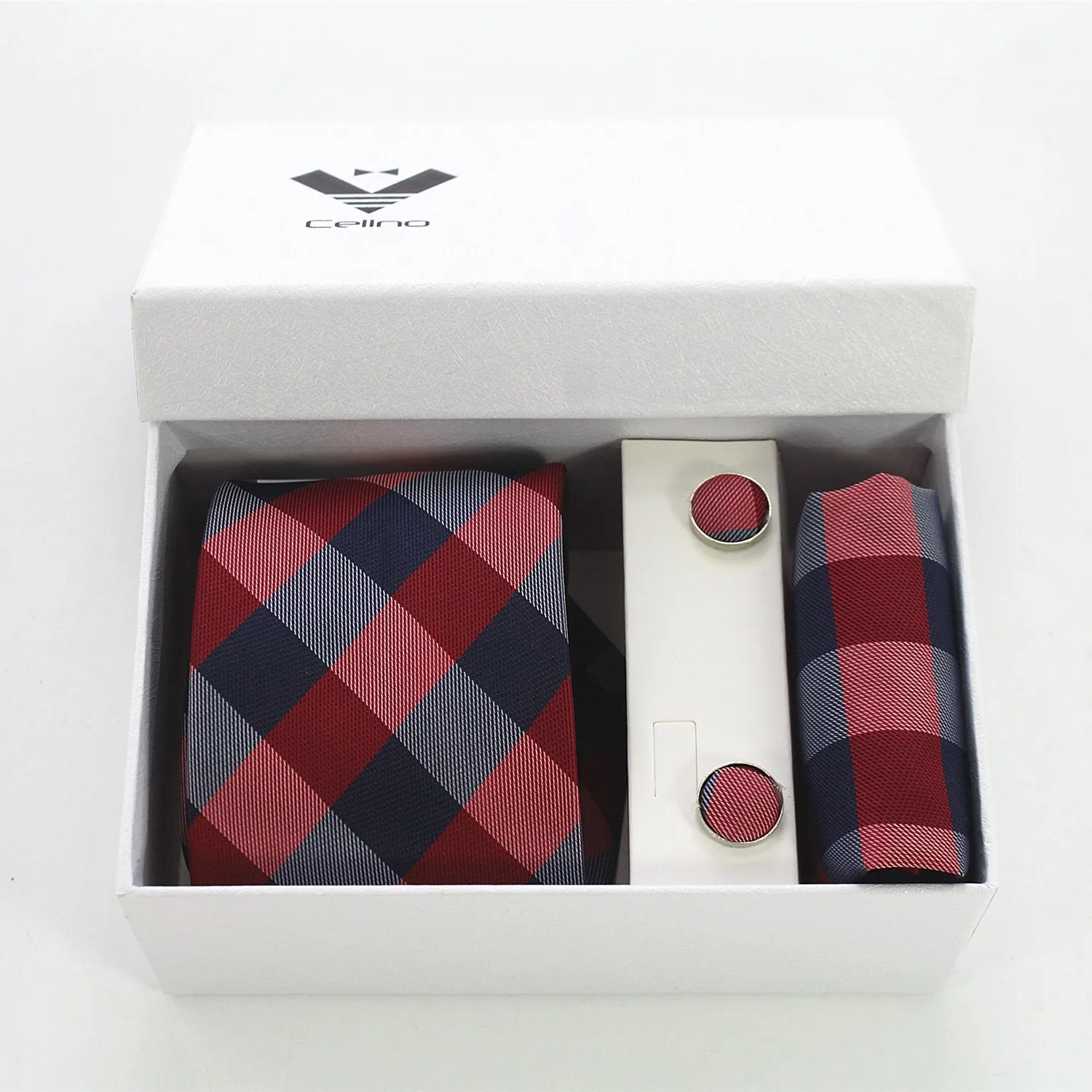 Celino Red Grey Plaid Silk Necktie with Cufflinks & Pocket Square for Men