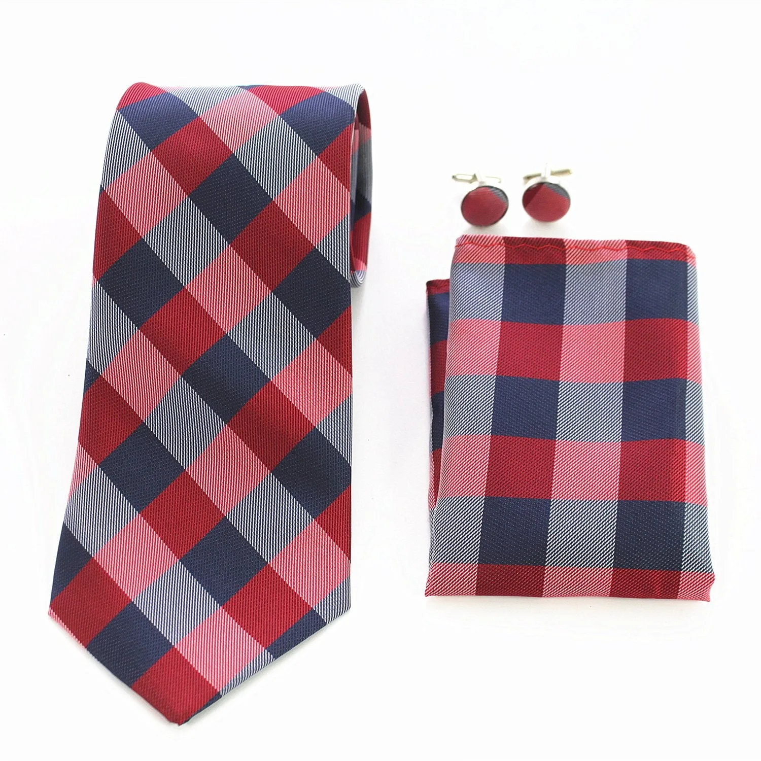 Celino Red Grey Plaid Silk Necktie with Cufflinks & Pocket Square for Men