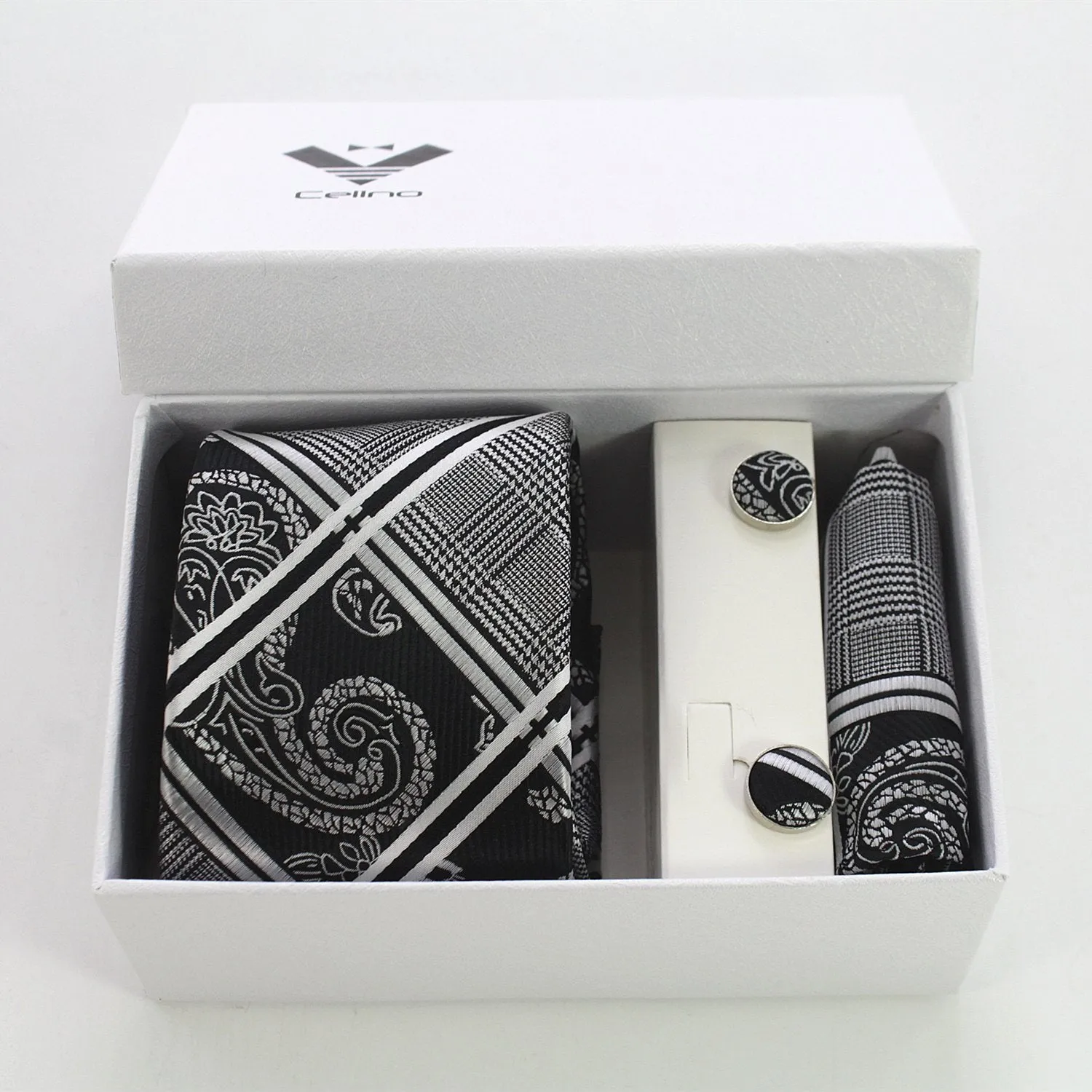 Celino Silver Grey Black Silk Necktie with Cufflinks & Pocket Square for Men