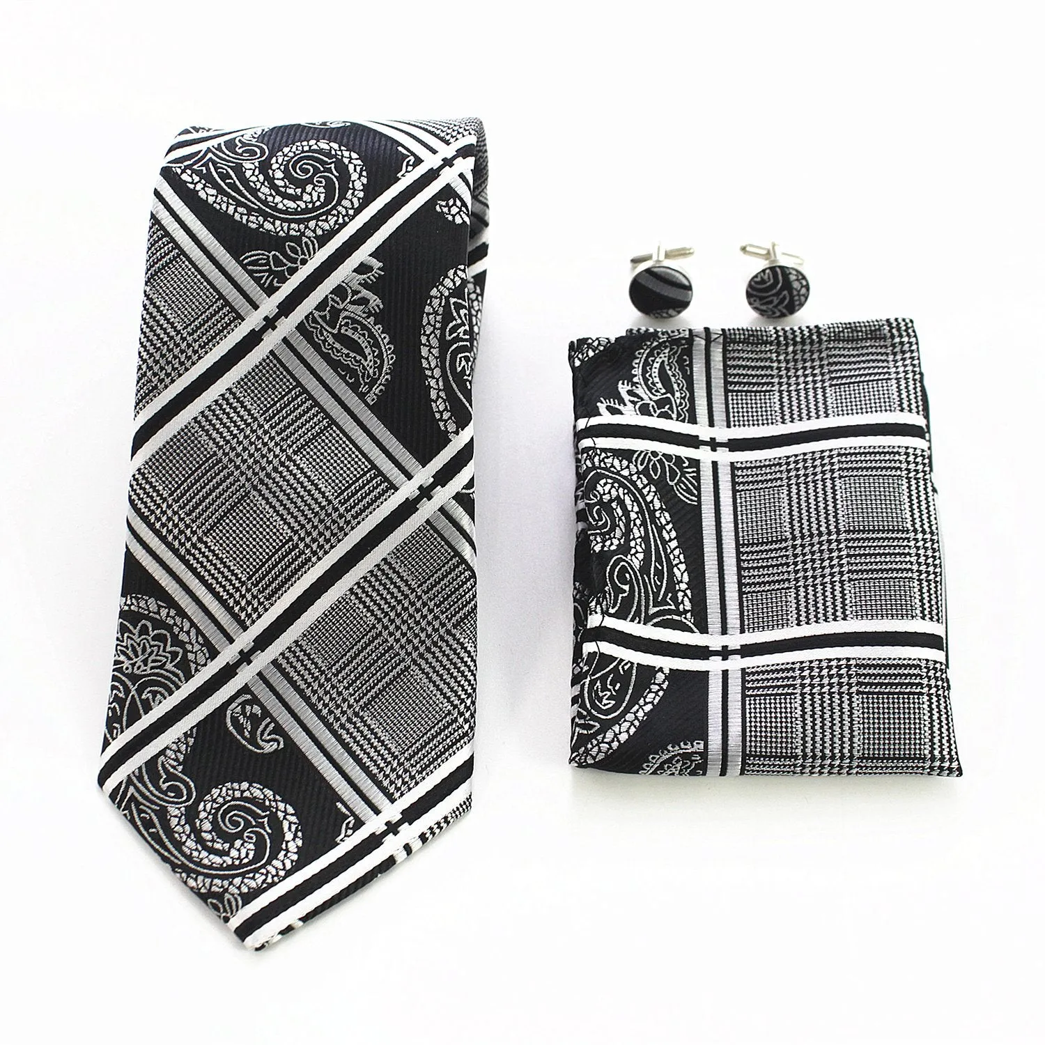 Celino Silver Grey Black Silk Necktie with Cufflinks & Pocket Square for Men