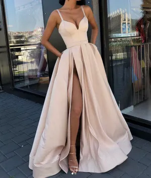 Champagne sweetheart satin long prom dress, champagne evening dress