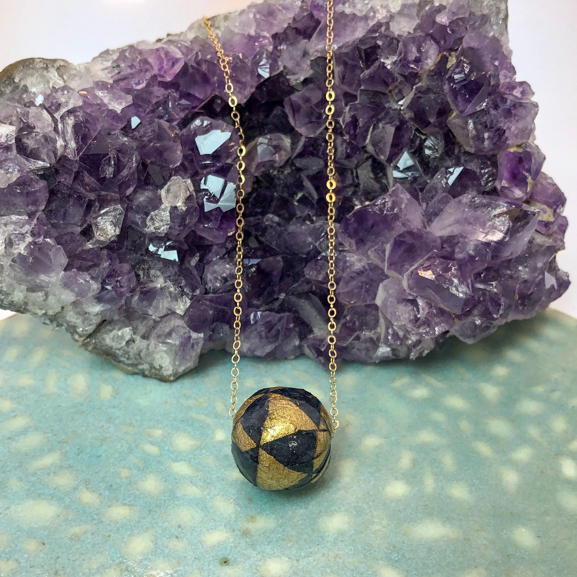 Charm Necklace with Large Handmade Navy and Gold Arrows Paper Bead on Chain