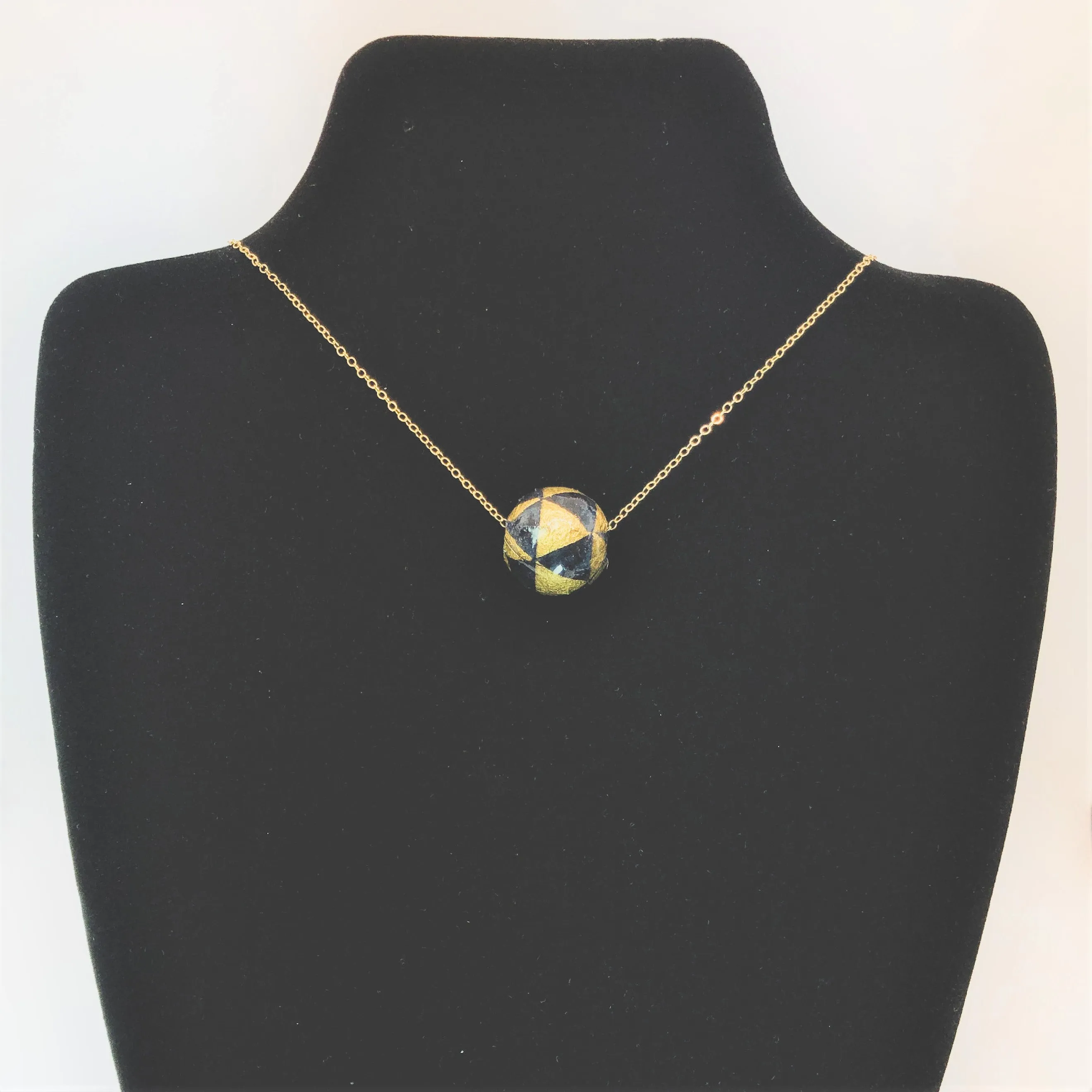 Charm Necklace with Large Handmade Navy and Gold Arrows Paper Bead on Chain