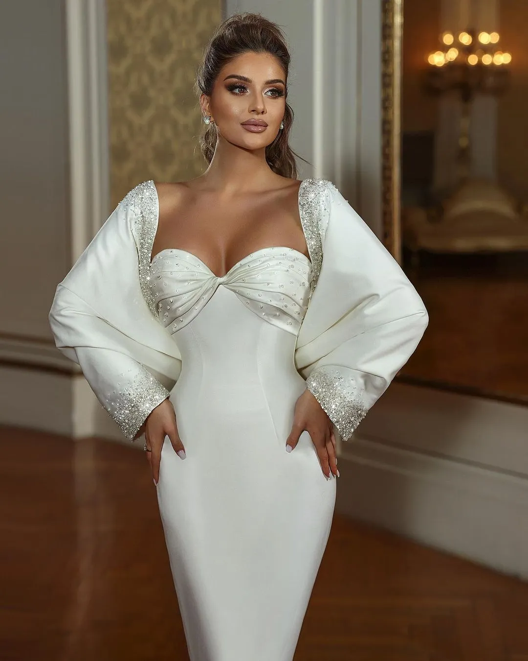 Charming Long Mermaid Sweetheart Long Sleeves Beading Wedding Dress With Train