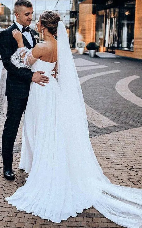 Chiffon Tulle Court Train A Line 3/4 Length Sleeve Wedding Dress with Split Front-715994