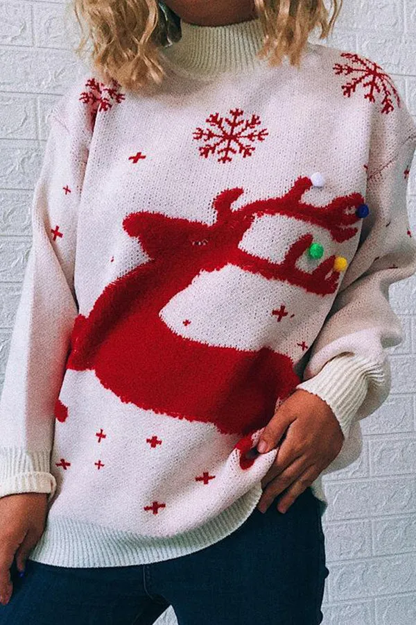 Christmas Loose Padded Deer Snowflake Round Neck Long-sleeved Sweater