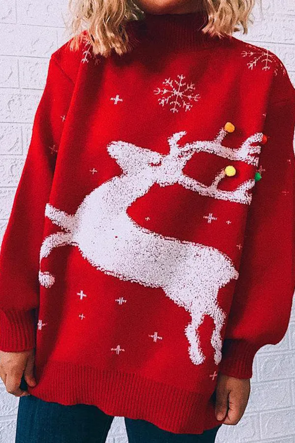 Christmas Loose Padded Deer Snowflake Round Neck Long-sleeved Sweater