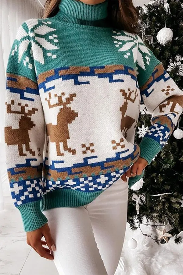 Christmas Turtleneck Elk Jacquard Knitted Sweater