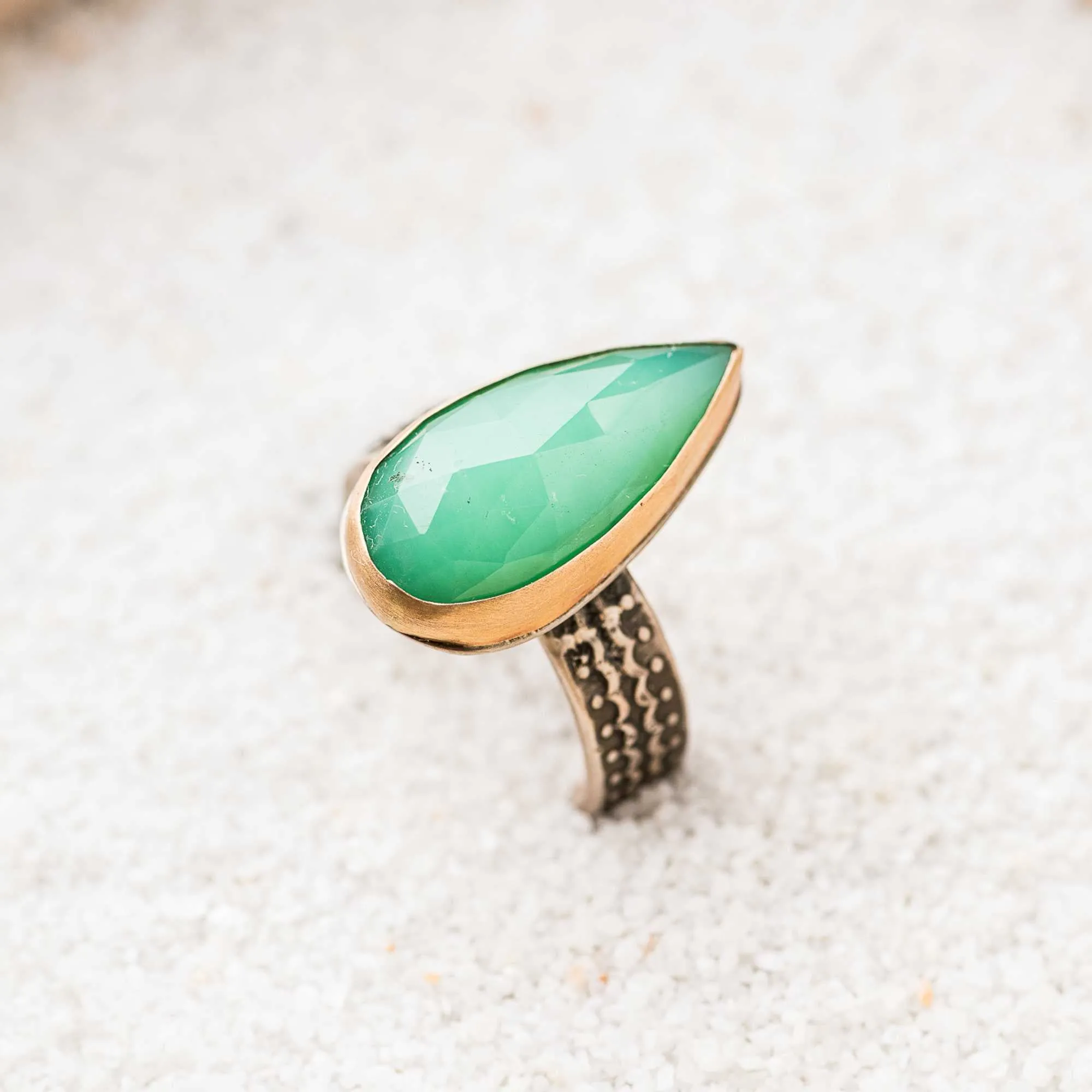 Chrysoprase Ring with 14k Bezel on Scallop Band