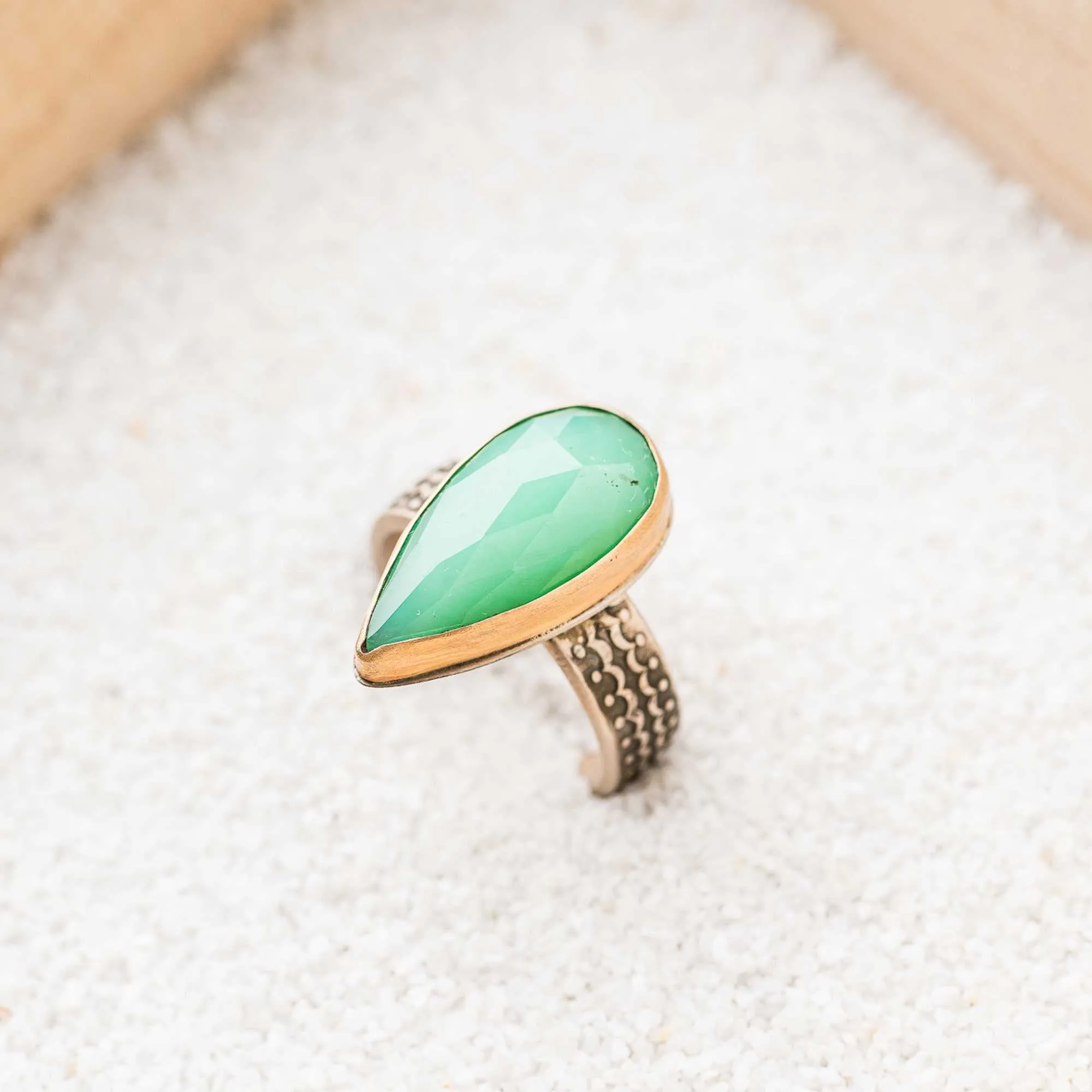 Chrysoprase Ring with 14k Bezel on Scallop Band