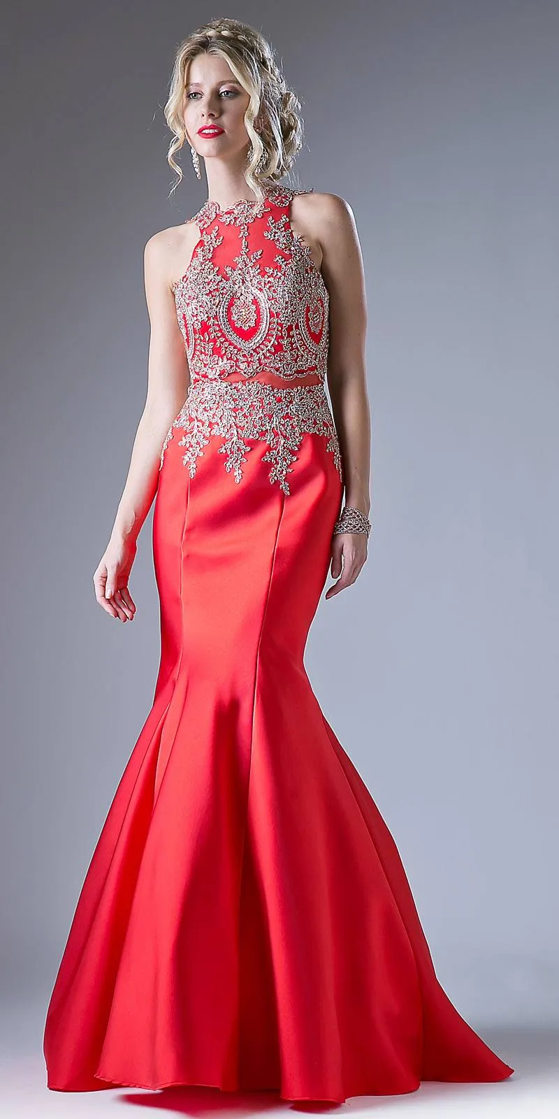 Cinderella Divine 8934 Embroidered Bodice Mermaid Gown Cut Out Back