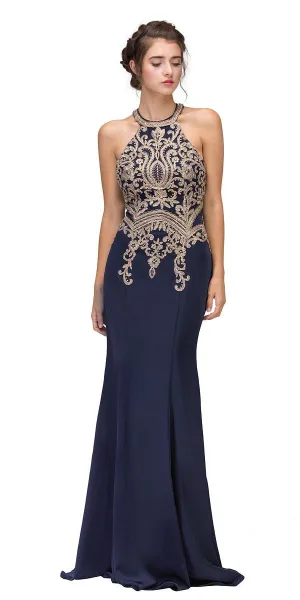 CLEARANCE - Eureka 7033 Embroidered Halter Mermaid Long Dress Racer Back (Size Small)