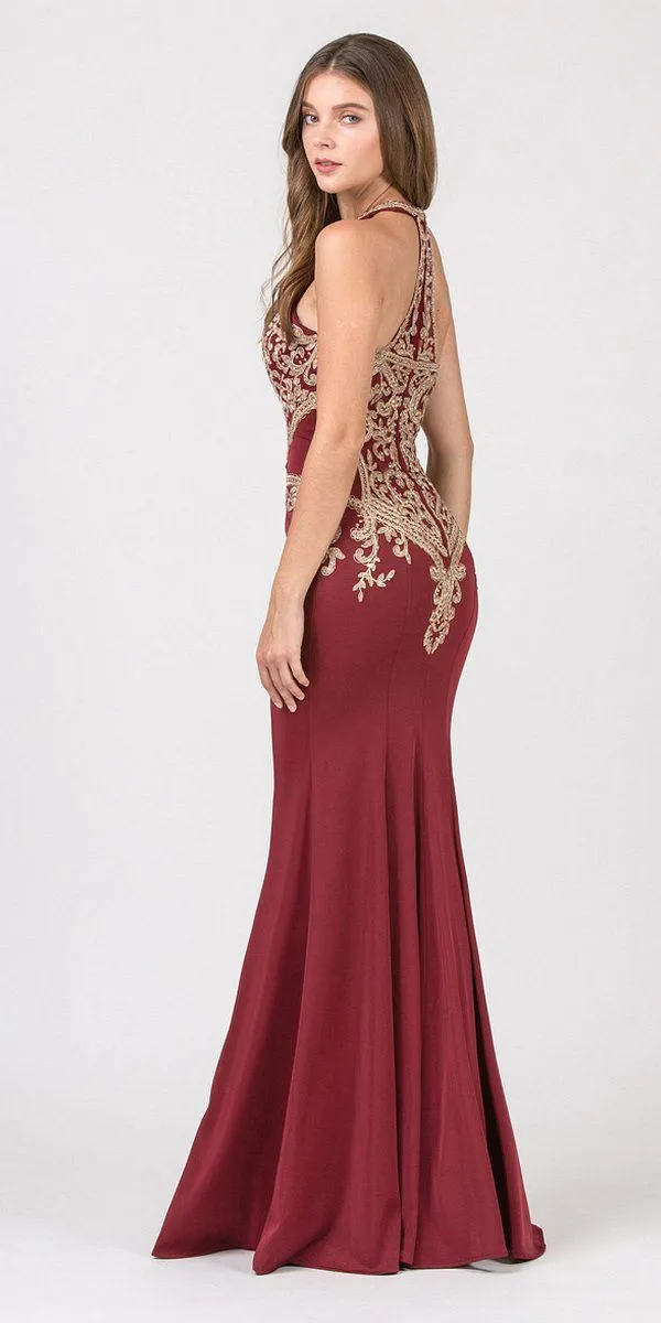 CLEARANCE - Eureka 7033 Embroidered Halter Mermaid Long Dress Racer Back (Size Small)