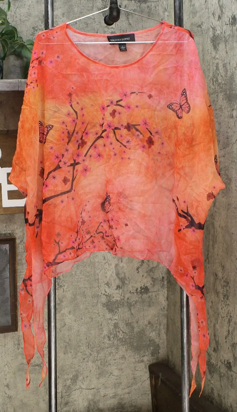 Colleen Lopez Women's Printed Poncho Top Coral Cherry Blossom Large