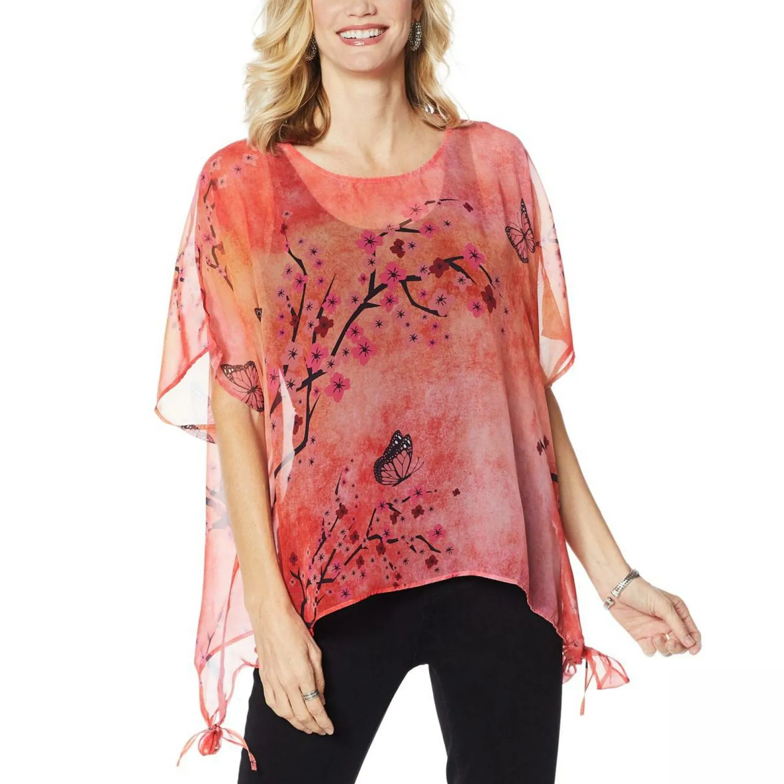 Colleen Lopez Women's Printed Poncho Top Coral Cherry Blossom Large