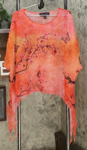 Colleen Lopez Women's Printed Poncho Top Coral Cherry Blossom Large