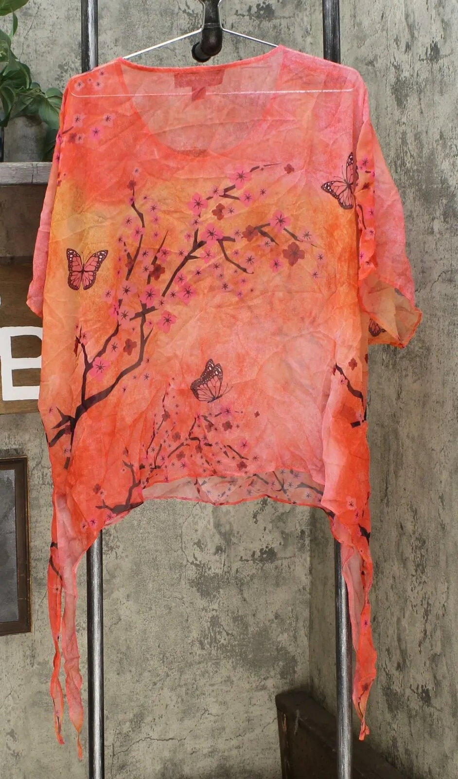 Colleen Lopez Women's Printed Poncho Top Coral Cherry Blossom Large