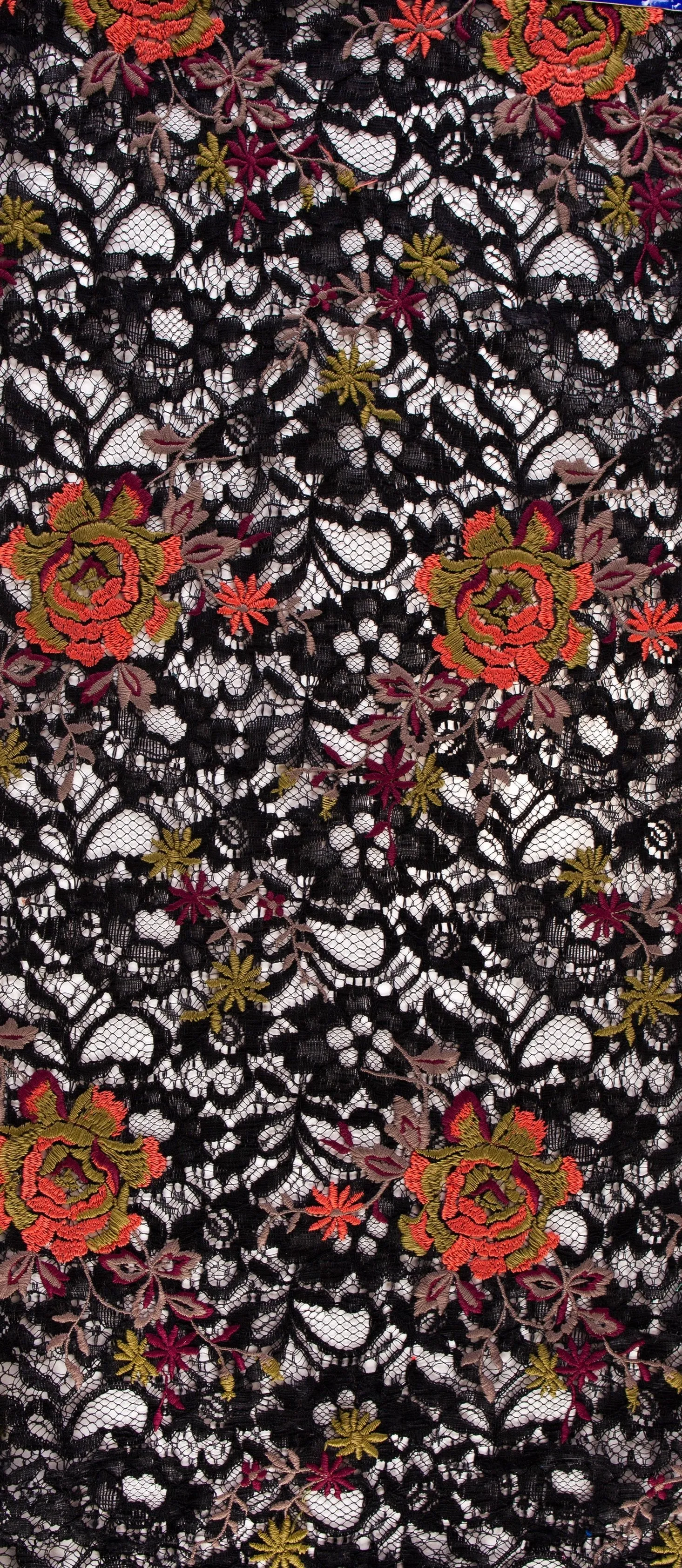 Colorful Flower Thread Embroidered Black Lace Fabric