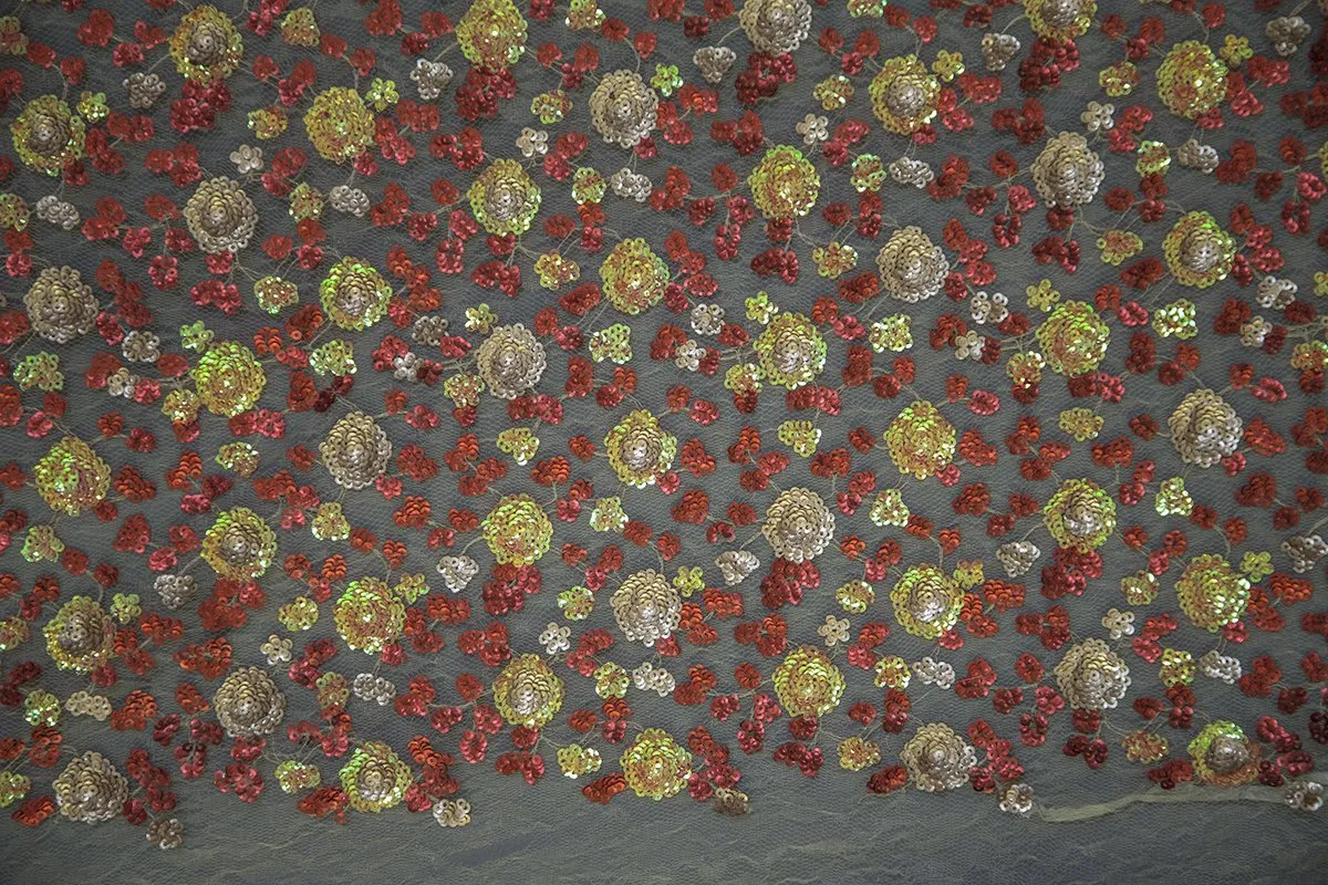 Colorful Sequin Embroidered Fabric with Cluster Flower Design